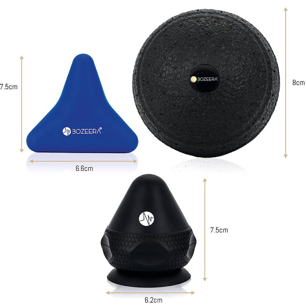 BOZEERA Massageball Triggerpunkt Drücker Set Faszien, Triggerdinger mit Saugnapf, Für Muskelschmerzen & Verspannungen 3-tlg., 2x Massagegerät & 1x Faszienball, Inkl. Video, Booklet & Tasche
