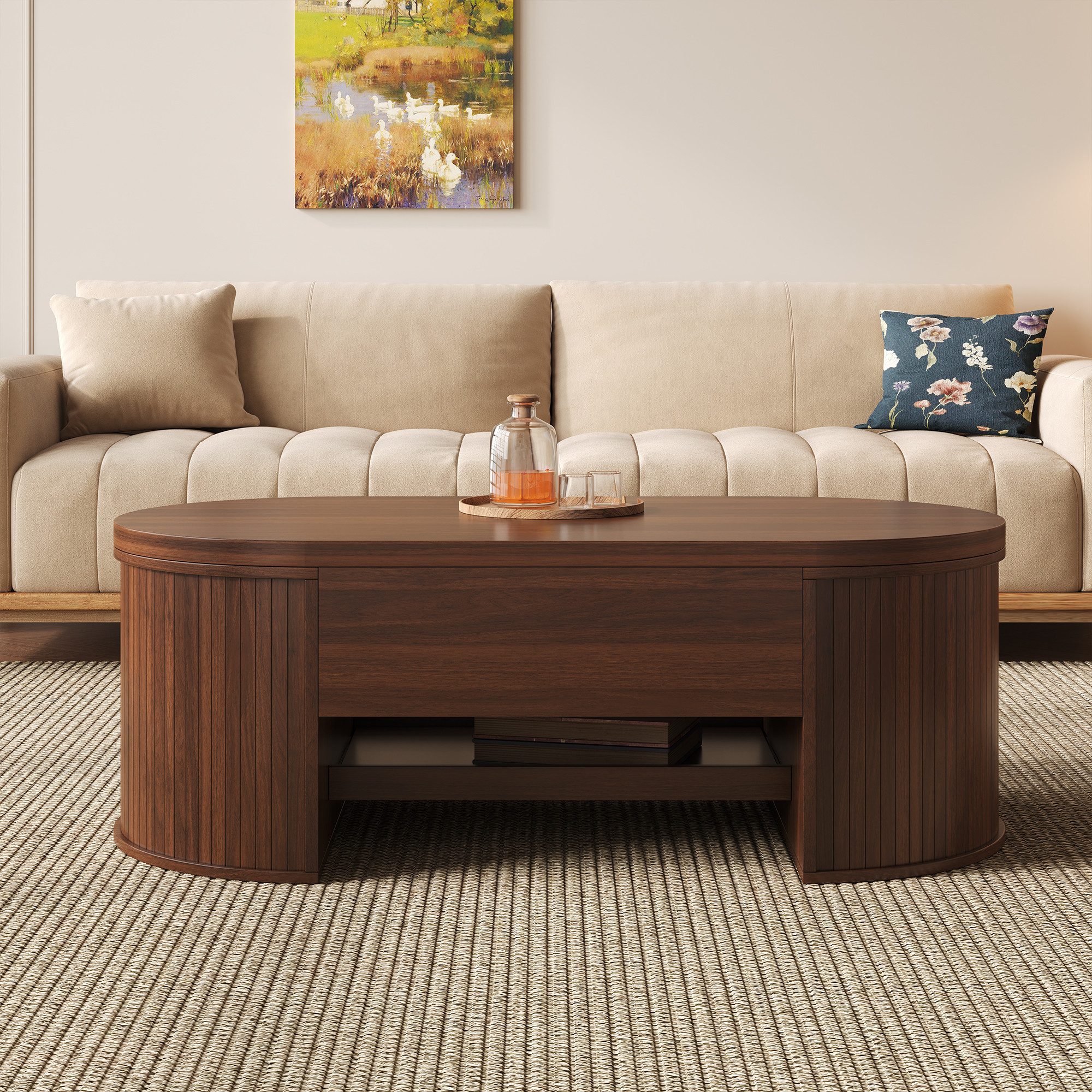 STILVORA Sideboard mit Regal,anhebbarer Sofatisch Kaffeetisch mit verstecktem Stauraum (Beistelltisch, Sofatisch, ausziehbarem Regal), mit gebogenen Holzseiten