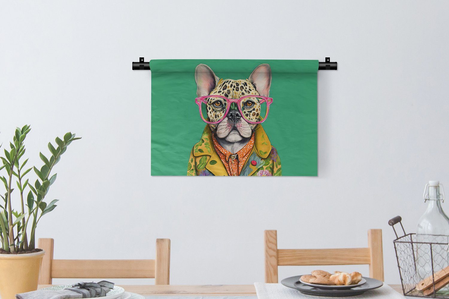 MuchoWow Wanddekoobjekt Bulldogge Wohnzimmer, Kinderzimmer - Schlafzimmer, Wanddeko Hund - - Wandbehang, für Design Tiere, Brille - Kleid