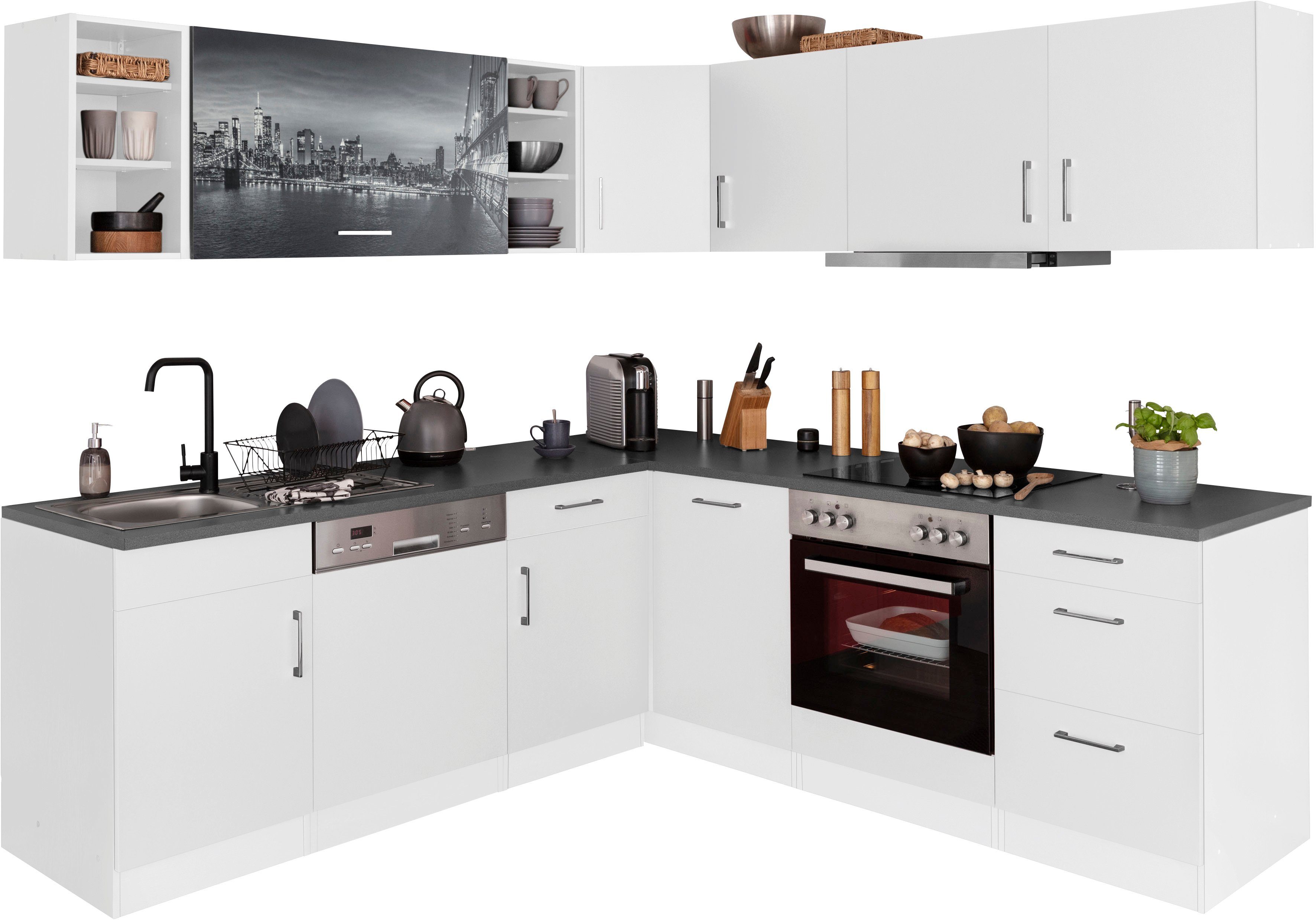 HELD MÖBEL Winkelküche Paris, mit E-Geräten, Stellbreite 220/220 cm weiß/weiß | weiß | L-Küchen
