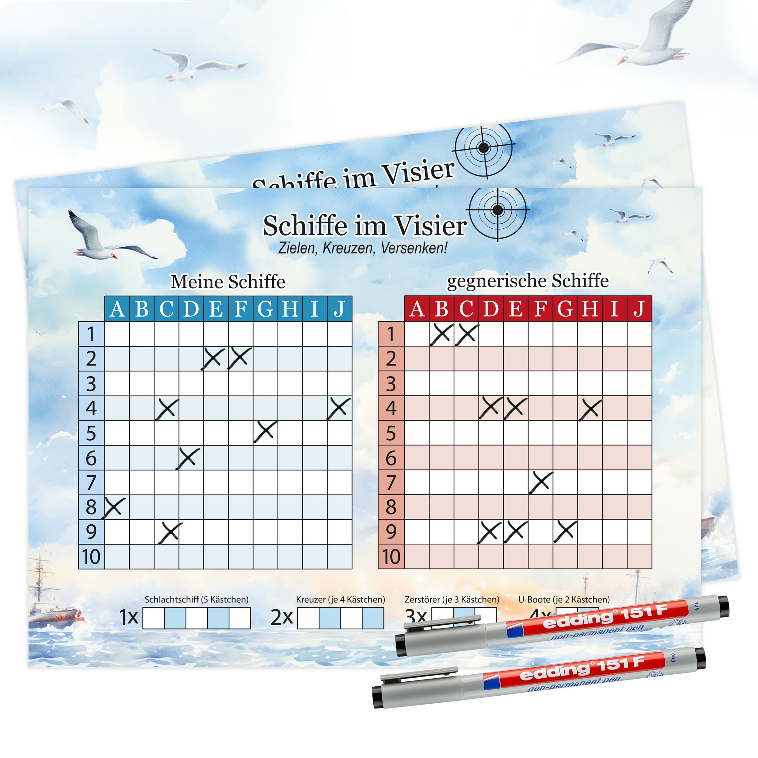 TOBJA Spiel Schiffe versenken Spiel inkl. Stifte abwischbar, Strategiespiel, Flottenmanöver XL Senioren