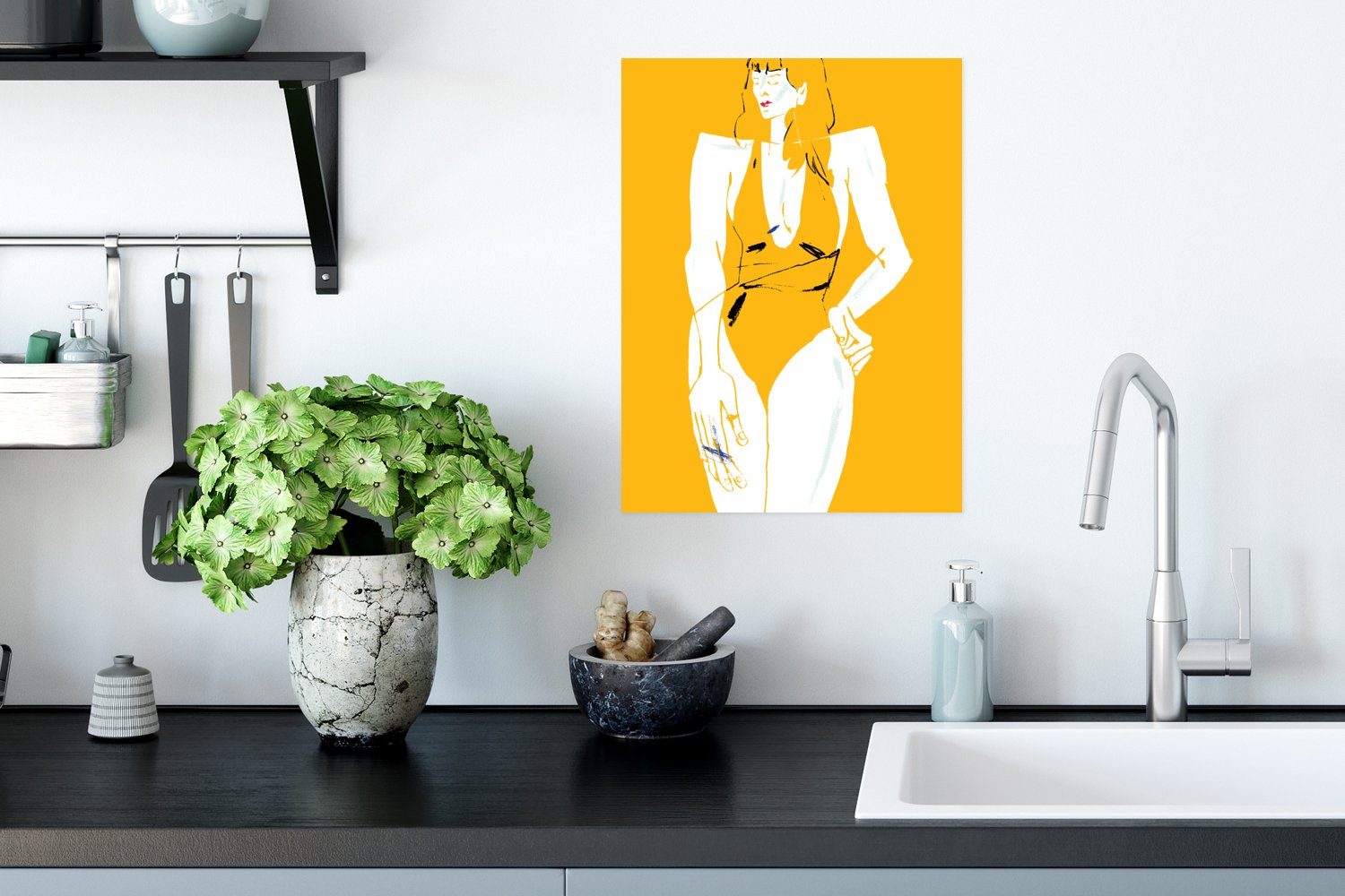 MuchoWow Poster - - Poster, Abstrakt, Gelb (1 St), Wohnzimmer, Wandbild, Rahmen Frau für Badeanzug Ohne Wandposter 