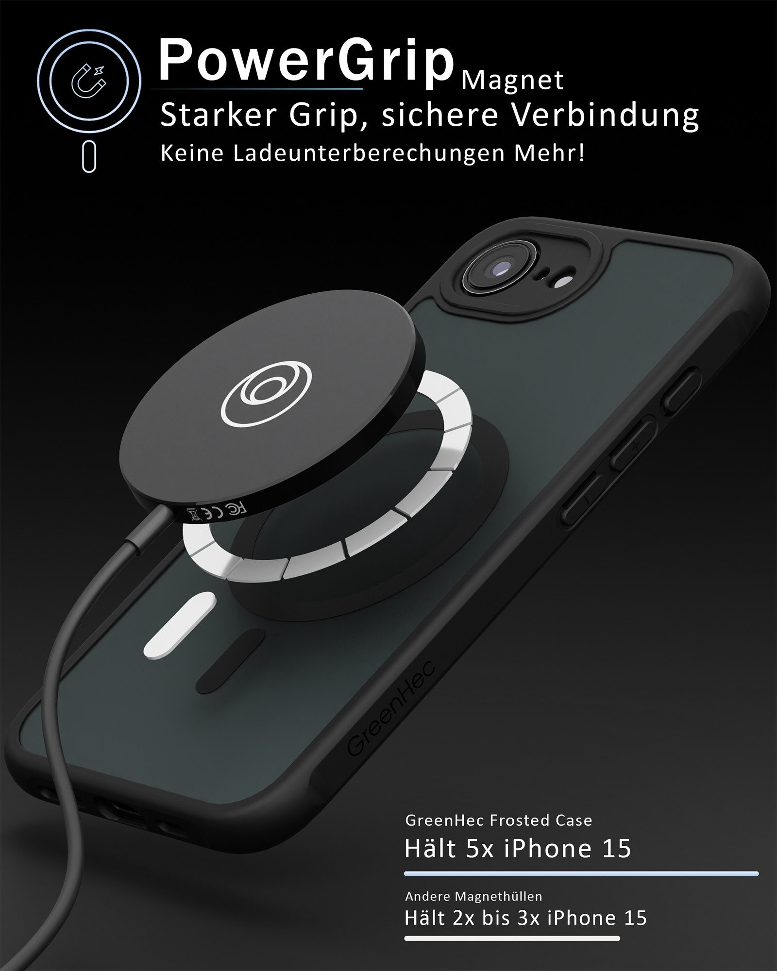 GreenHec Handyhülle iPhone 17e / 16e Hülle MagSafe Case Handy Schwarz Schutzhülle Cover 6,1 Zoll, Magnet Cover Magnetische Hülle Kameraschutz Black Matt Bumper Stoßfest