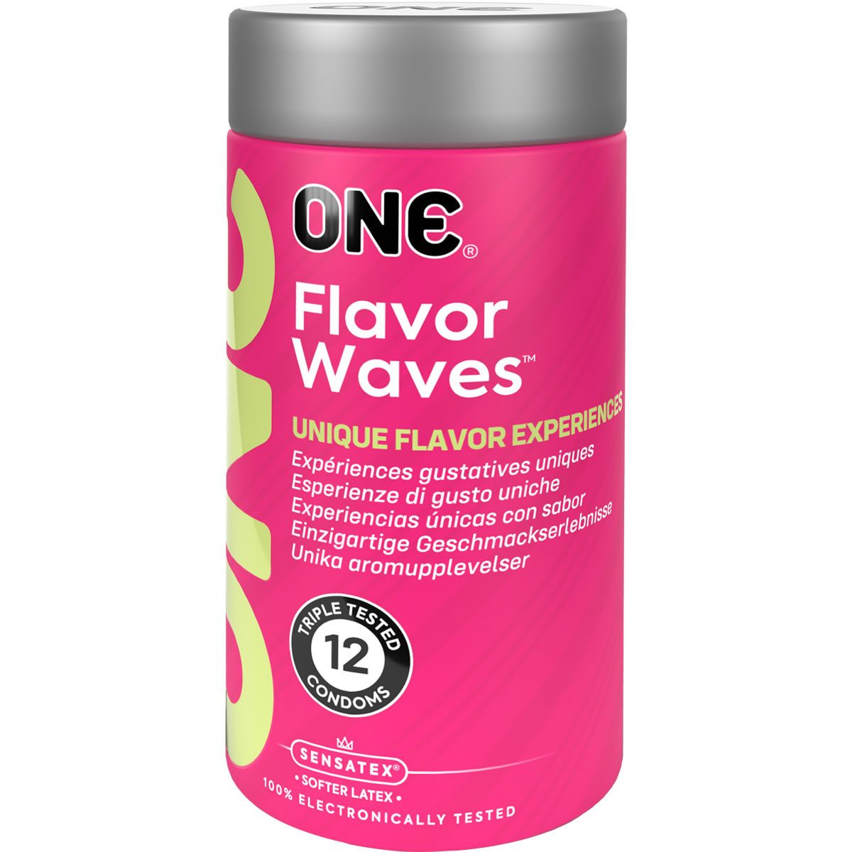 ONE Kondome Flavor Waves Packung mit, 12 St., bunte und aromatisierte Kondome, vegan & ohne schädlichen Inhaltsstoffe