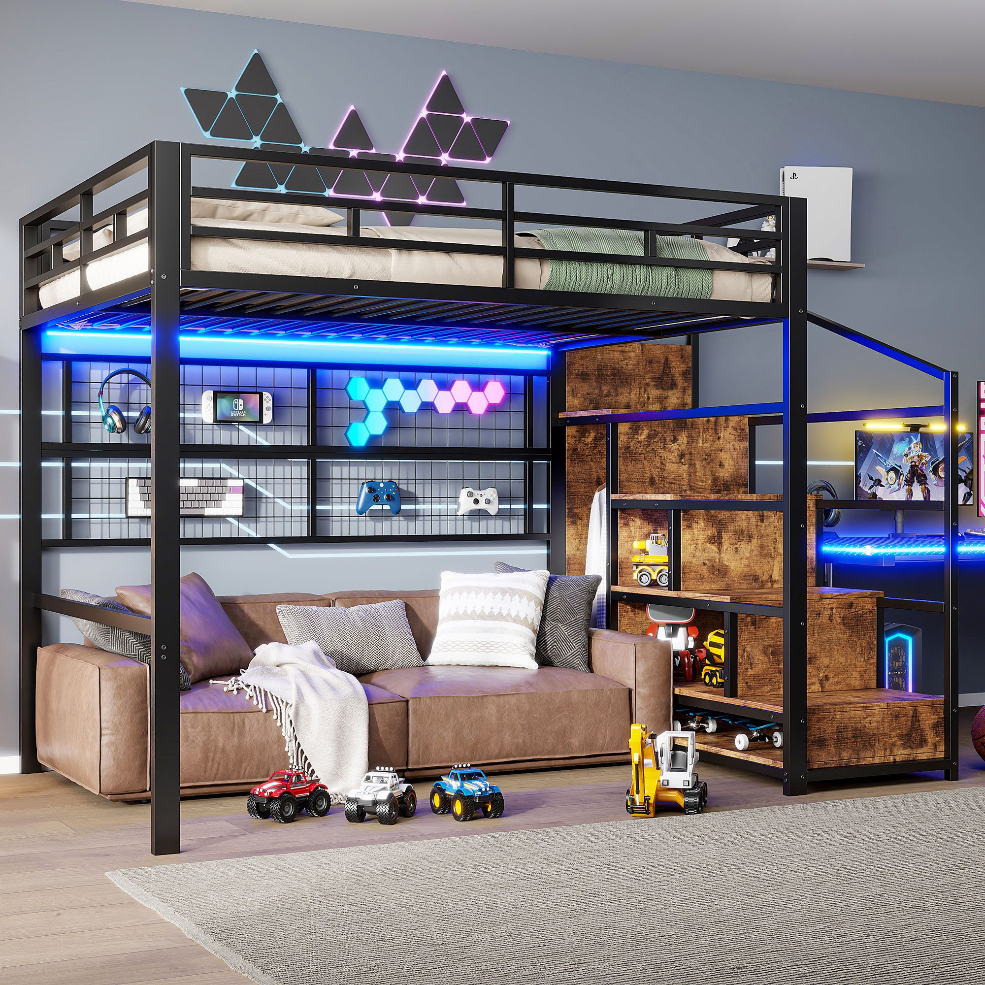 Merax Hochbett 140x200 cm mit LED-Beleuchtung (Doppelbett Jugendbett Kinder günstig online kaufen