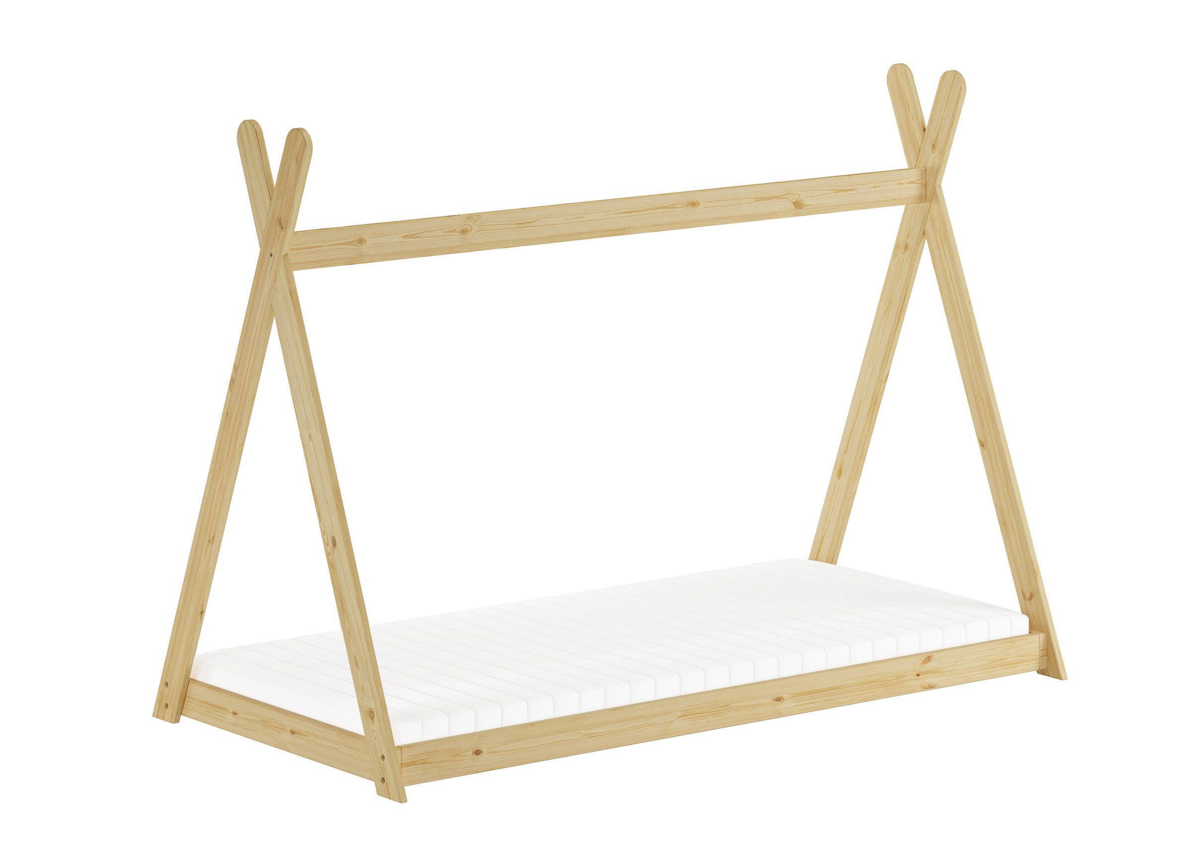 ERST-HOLZ Bett Kinderbett Spielbett Tipi Bett 90 x 200 cm Kiefer Massiv, Kieferfarblos lackiert