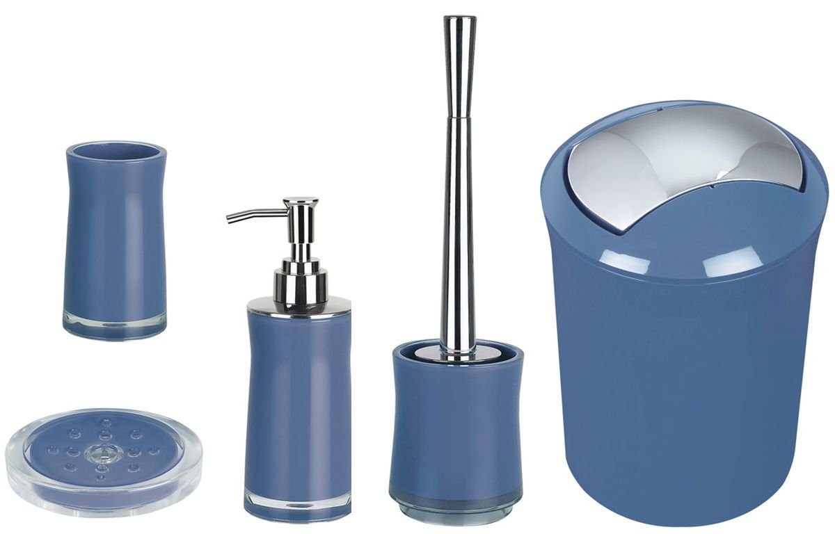 spirella Badaccessoires-Sets Accessoire-Set SYDNEY, Zubehör Set aus hochwertigem Acryl, 5-tlg., bestehend aus WC-Bürste, Kosmetikeimer 5L, Seifenspender 200 ml, Zahnputzbecher, Seifenschale, robust, langlebig, stylisher Look, glänzend, denim blau, Komplett-Set Badezimmerzubehör, 5 tlg., 5-tlg., Acryl, stylisher Look, denim blau glänzend