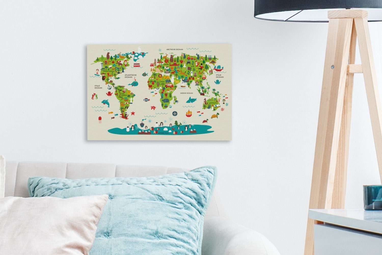 Tiere, 30x20 - OneMillionCanvasses® Weltkarte Kinder Aufhängefertig, Leinwandbild Leinwandbilder, Wanddeko, - Grün Wandbild St), (1 cm