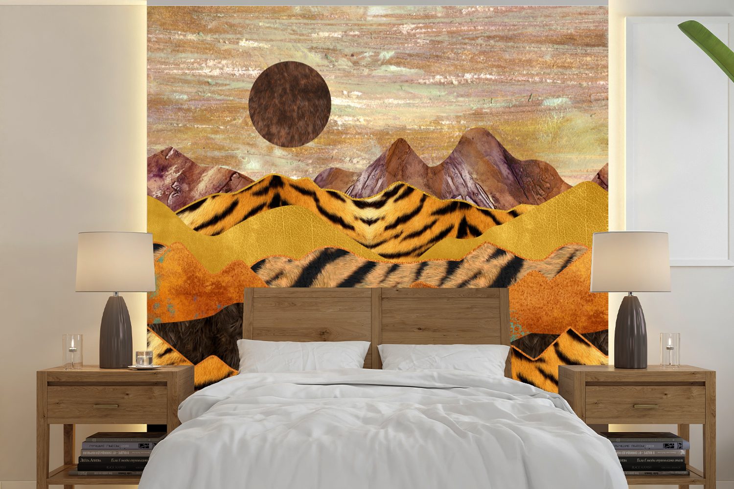 MuchoWow Fototapete Tigerdruck - Gold - Marmor, Matt, bedruckt, (5 St), Vinyl Tapete für Wohnzimmer oder Schlafzimmer, Wandtapete