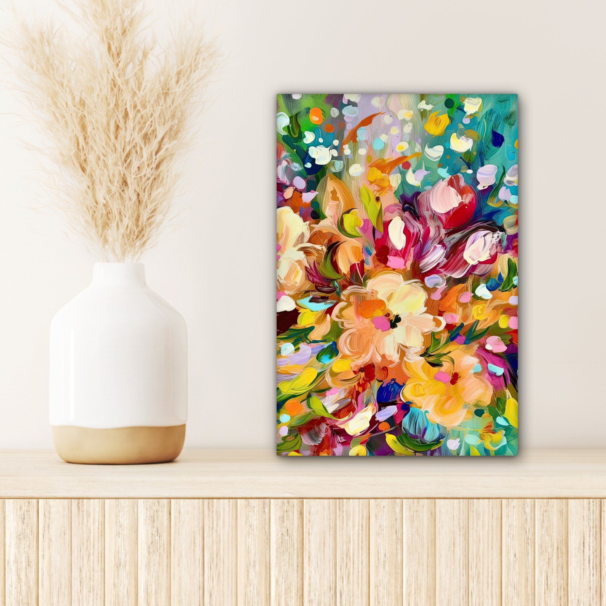 Leinwandbild Ölfarbe Blumen (1 - cm fertig Leinwandbild Gemälde inkl. - Gemälde, 20x30 Zackenaufhänger, St), bespannt Regenbogen, - OneMillionCanvasses®