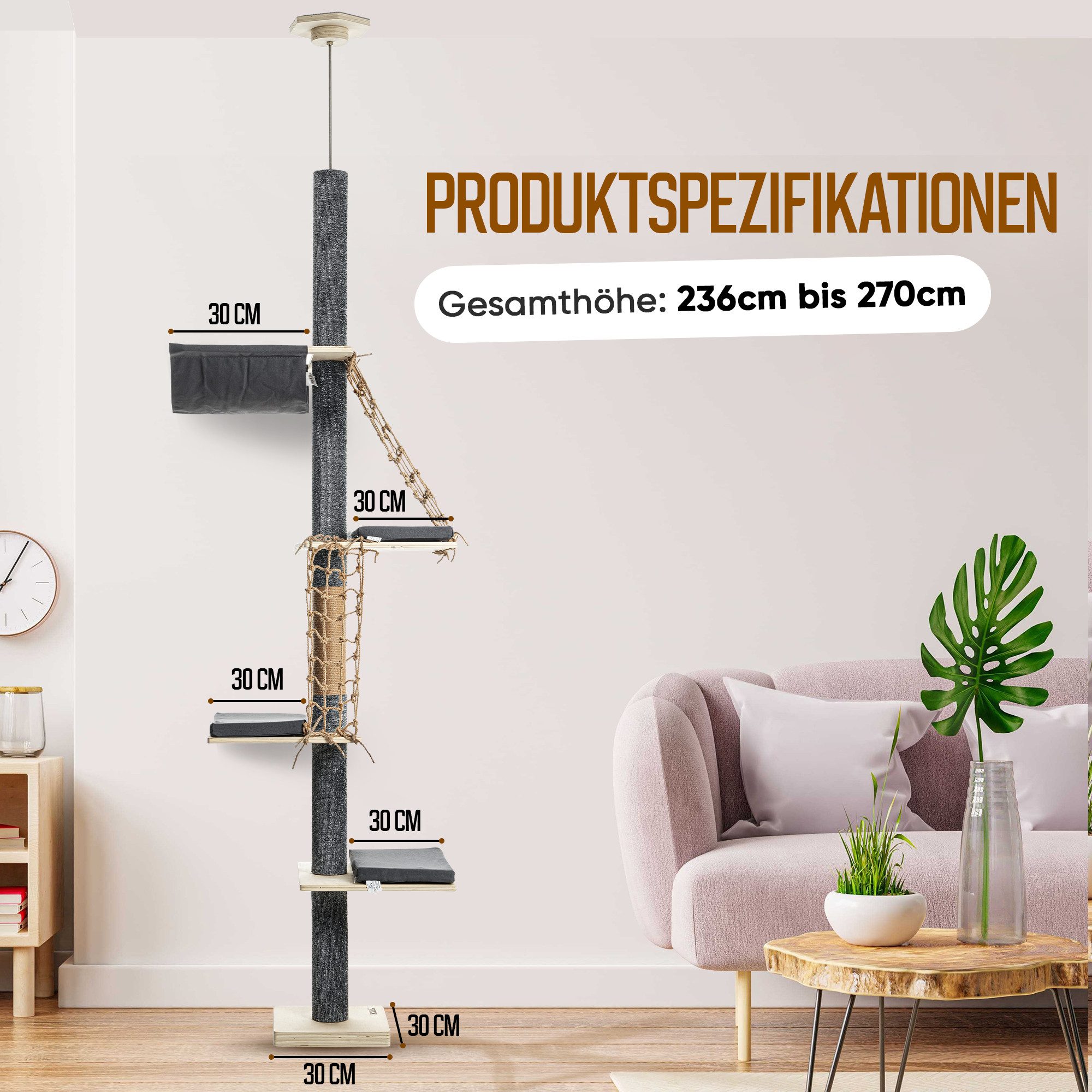 Kraus-Magazin Kratzbaum Indoor-Kletterturm deckenhoch, Höhenverstellbar 236 cm - 270 cm, mit Hängematte und Kletternetz