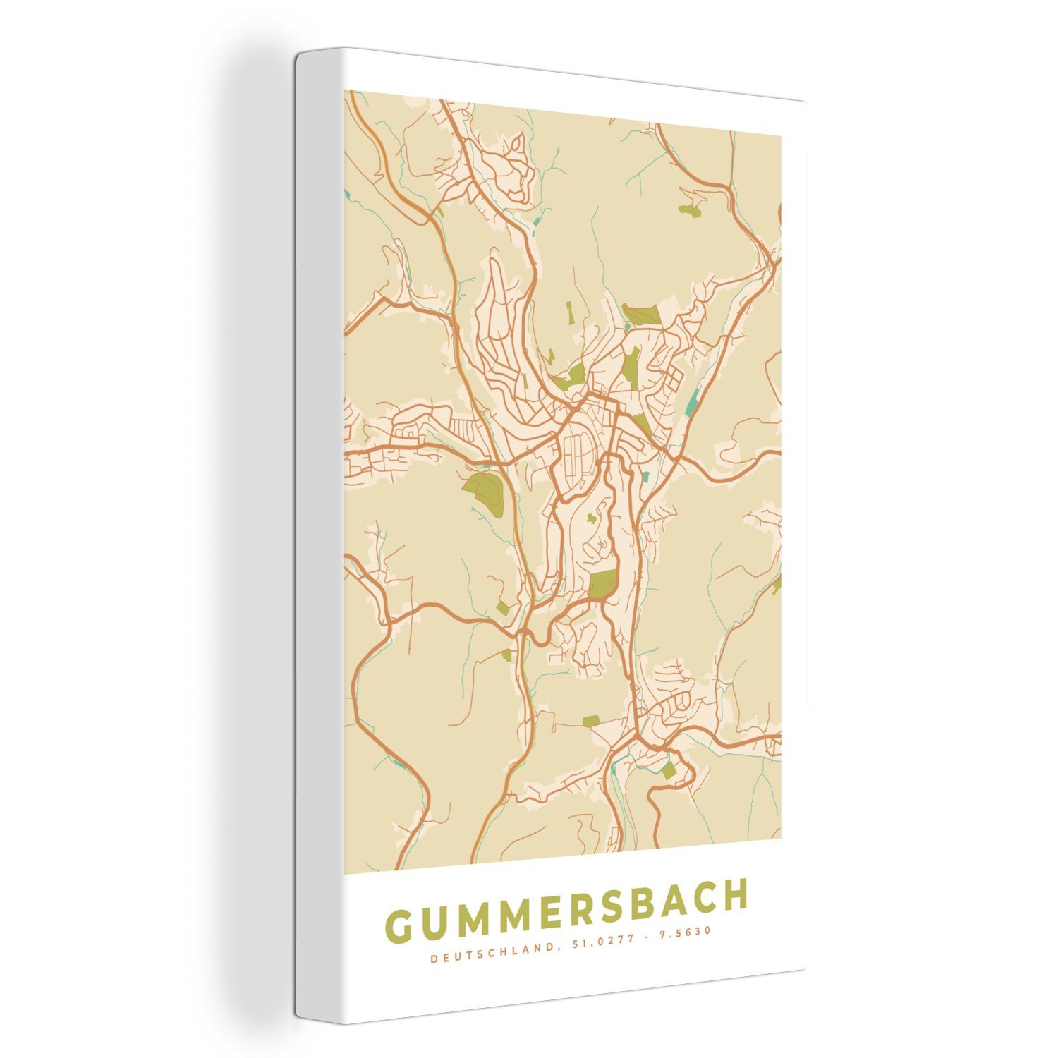 cm Gemälde, (1 Gummersbach - Stadtplan - fertig 20x30 - Zackenaufhänger, bespannt Leinwandbild Vintage, inkl. St), Stadtplan Leinwandbild OneMillionCanvasses®