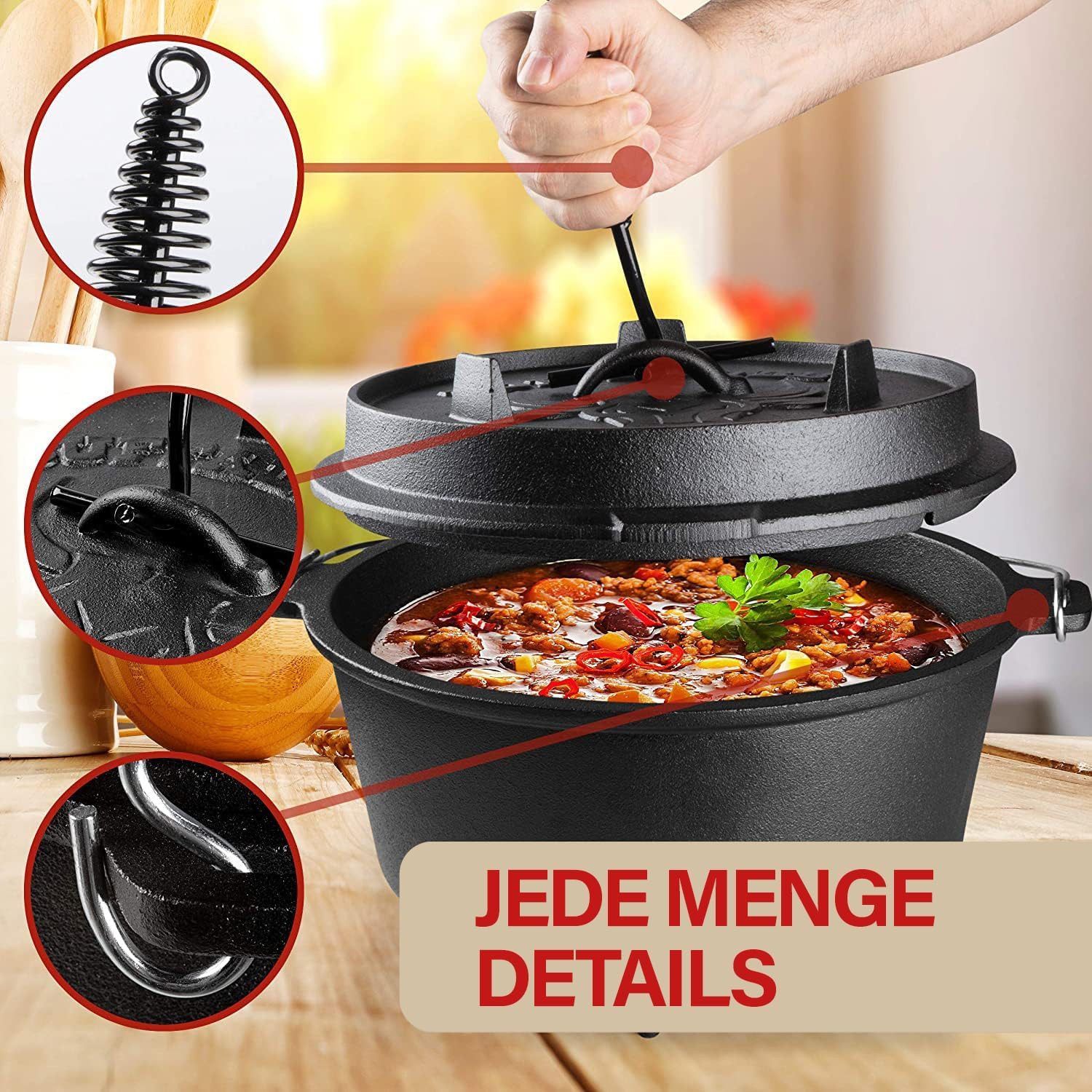 LAVUR Grilltopf BUFFALO BBQ Dutch Oven 7,5 L eingebrannt, Gusseisen-Feuertopf, Kochen, Braten & Grillen beim Camping inkl. Deckelheber & Tasche – Bild 4 von 5