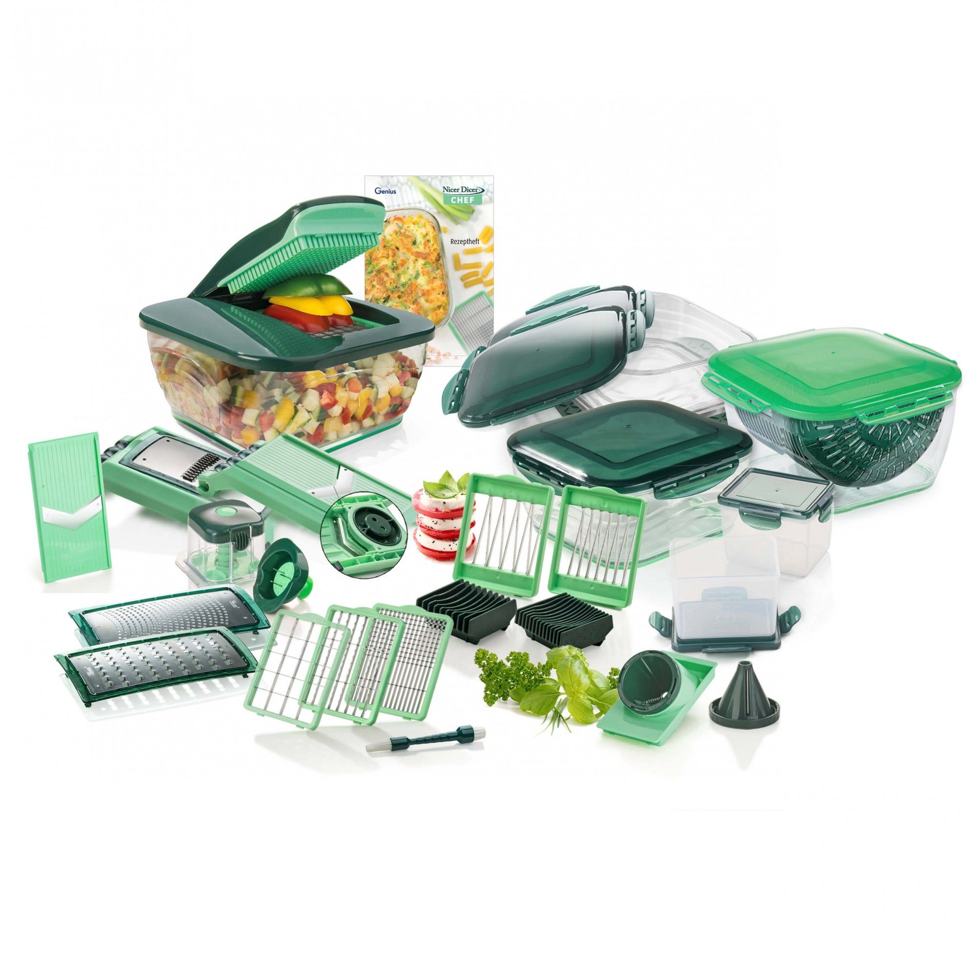 Genius Овочерізка Nicer Dicer Chef 37-tlg. Set inkl. 3-in-1 Siebschüssel, Glaßschüssel geeignet für den Backofen bis zu 250°c