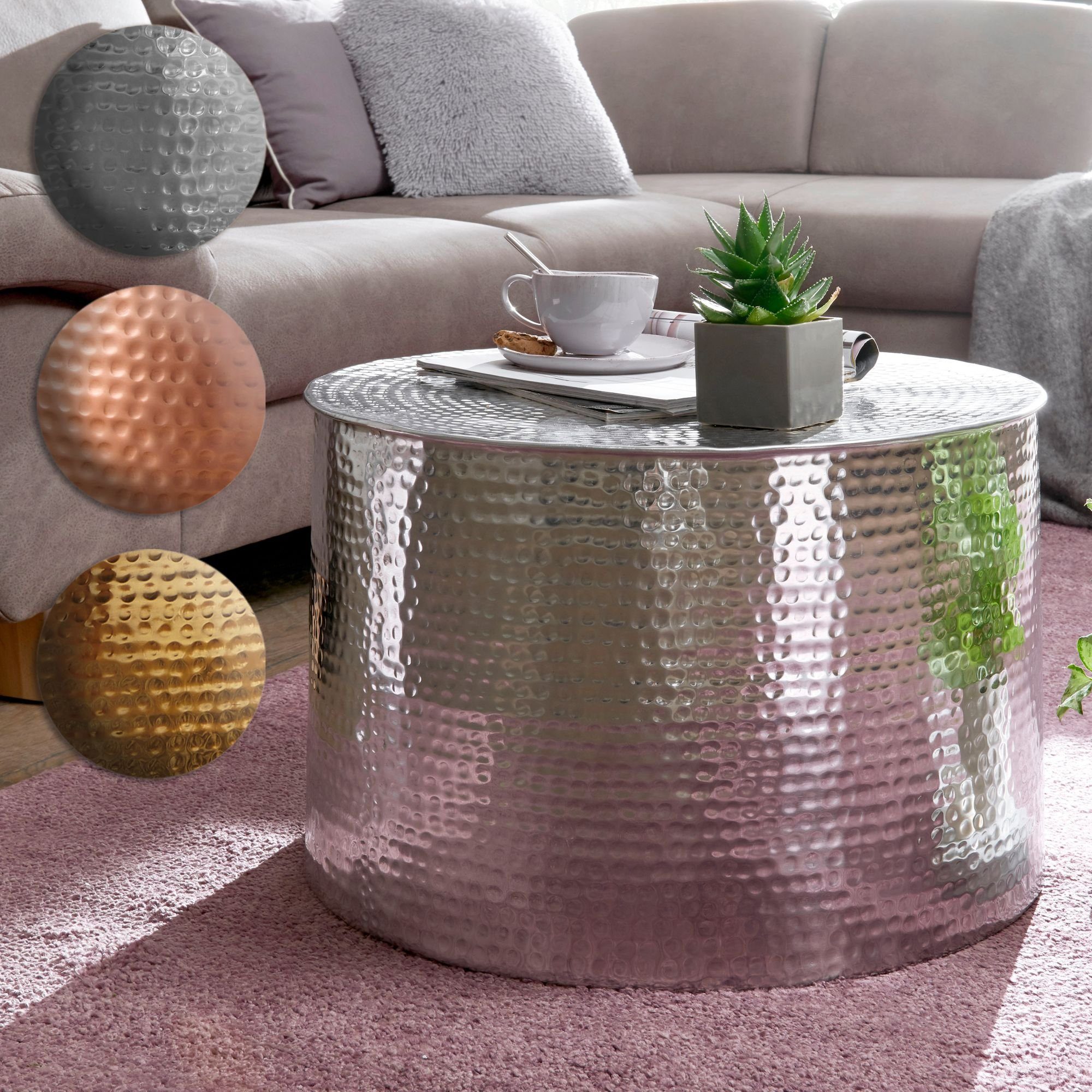 Sofatisch Silber Silber Kleiner Rund), (61x40,5x61 Wohnzimmertisch, Silber Orientalisch Hammerschlag cm Couchtisch FINEBUY | SuVa12255_1 | Aluminium Silber