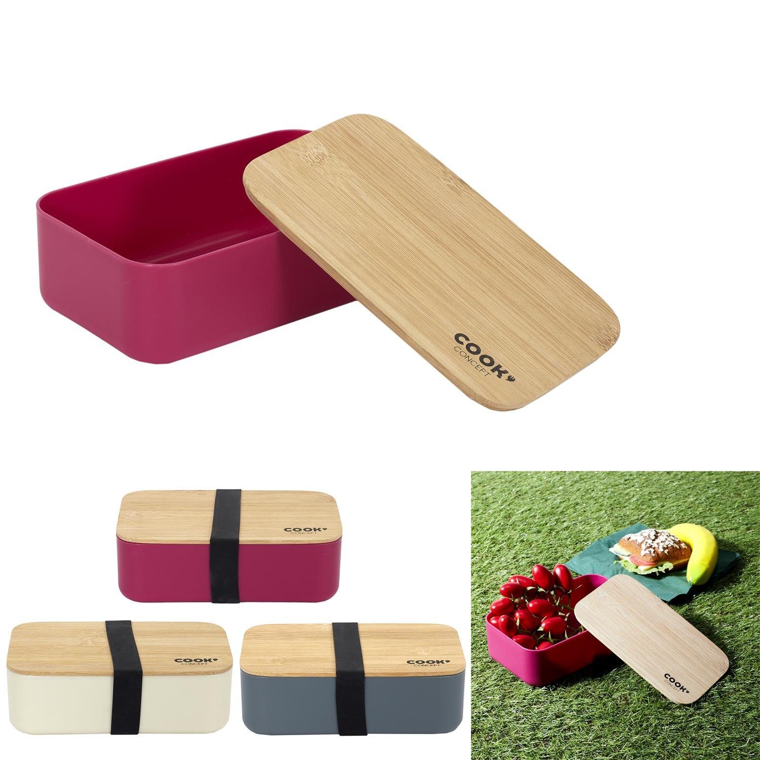 COOK CONCEPT Lunchbox, Bambus-Deckel & Elasthan-Band Brotdose Brotbox Bento Set Brotzeit-Box grau