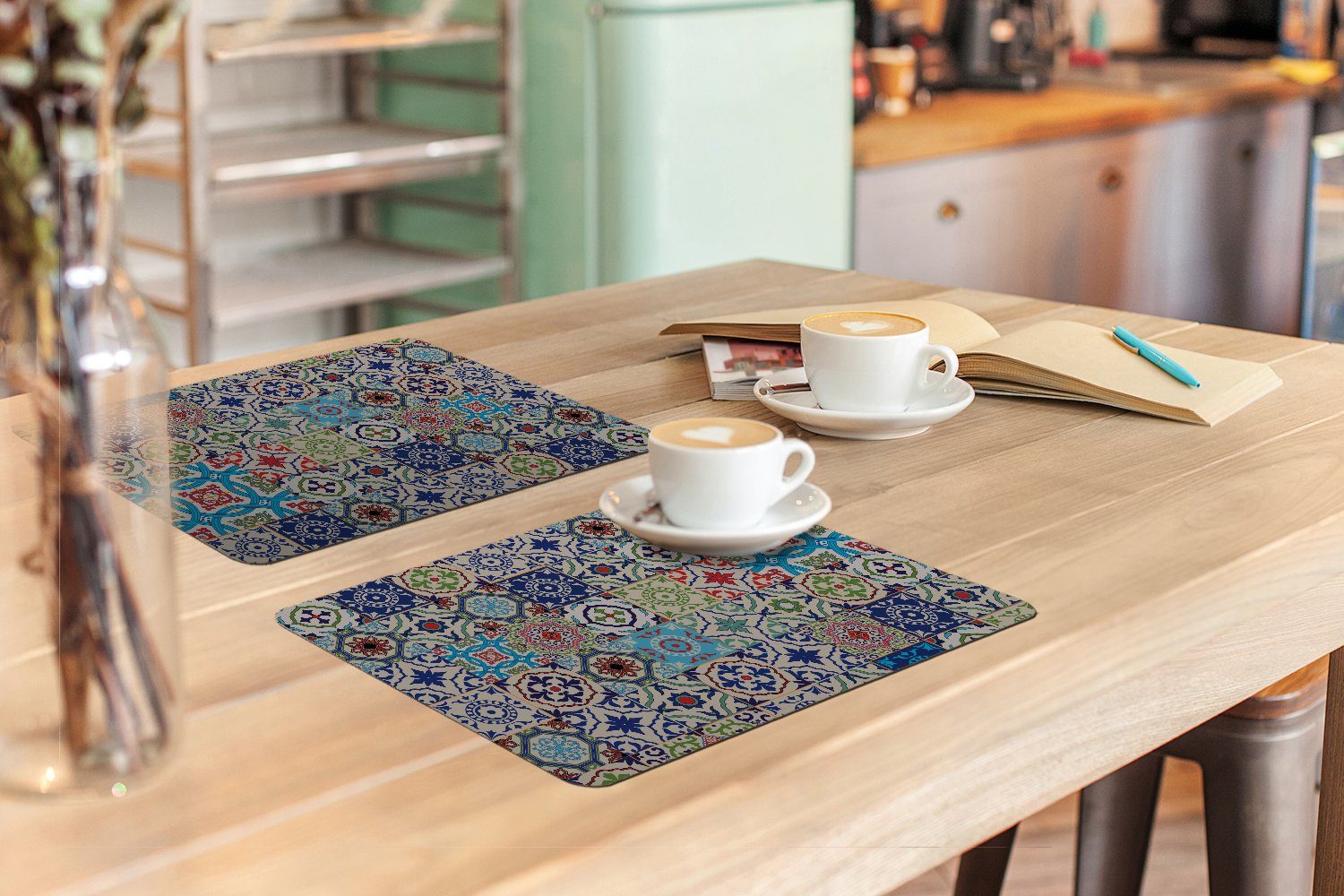 Platzset, Blumen - Muster Tischmatten, Blau, - Platzmatte, Platzdecken, - Grün MuchoWow, (6-St), Schmutzabweisend Platzset