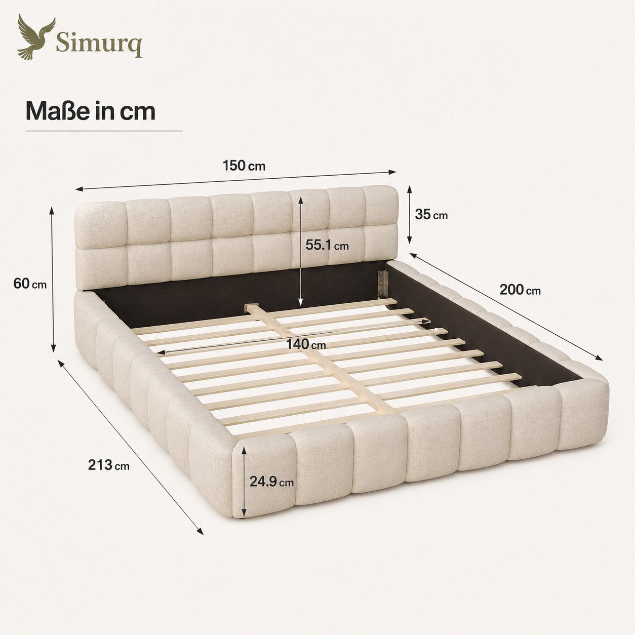 Simurq Polsterbett Doppelbett 140x200 aus Leinen mit Lattenrost (Bettgestell mit Lattenrost, 2 Pakete, Werkzeug inklusive), Leinenbezug, 250 kg Tragkraft