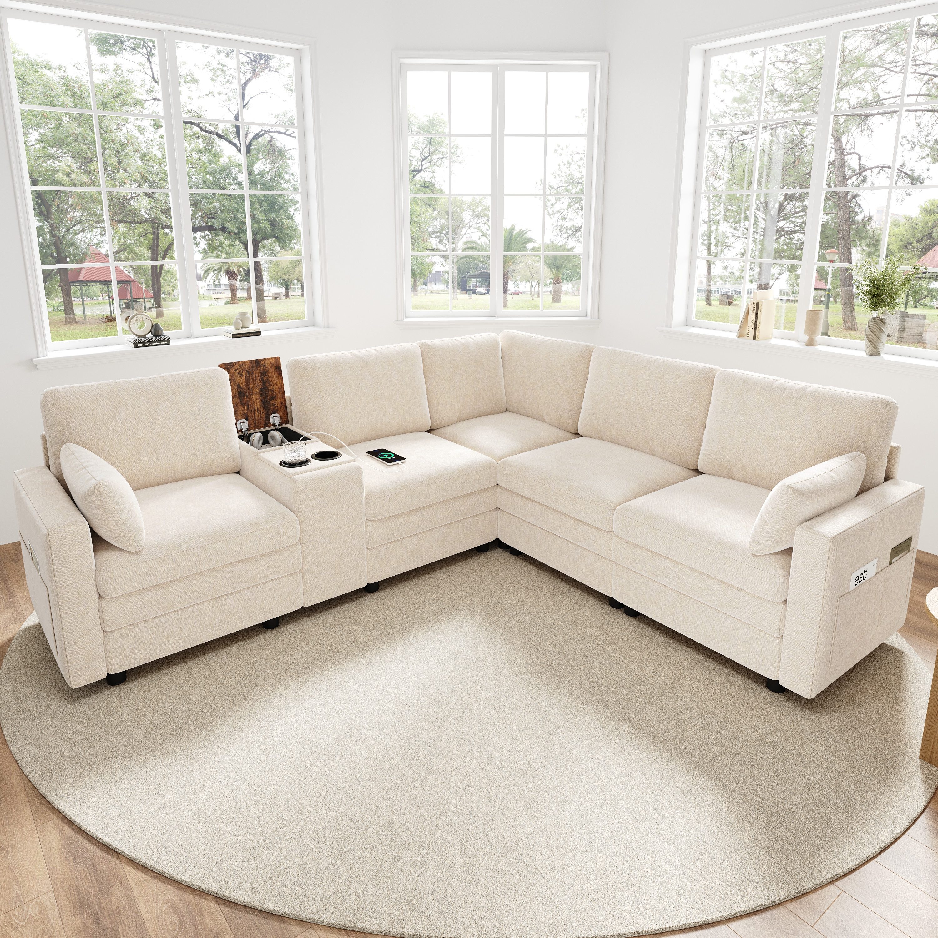 Merax Ecksofa L-Form Sofa mit wendbarer Mittelkonsole & USB-Anschlüssen, Modulares Sofa für Wohnzimmer & Schlafzimmer 1 Teile, 5-Sitzer-Sofa mit Getränkehaltern, 2 Zierkissen & Stauraum, Chenille