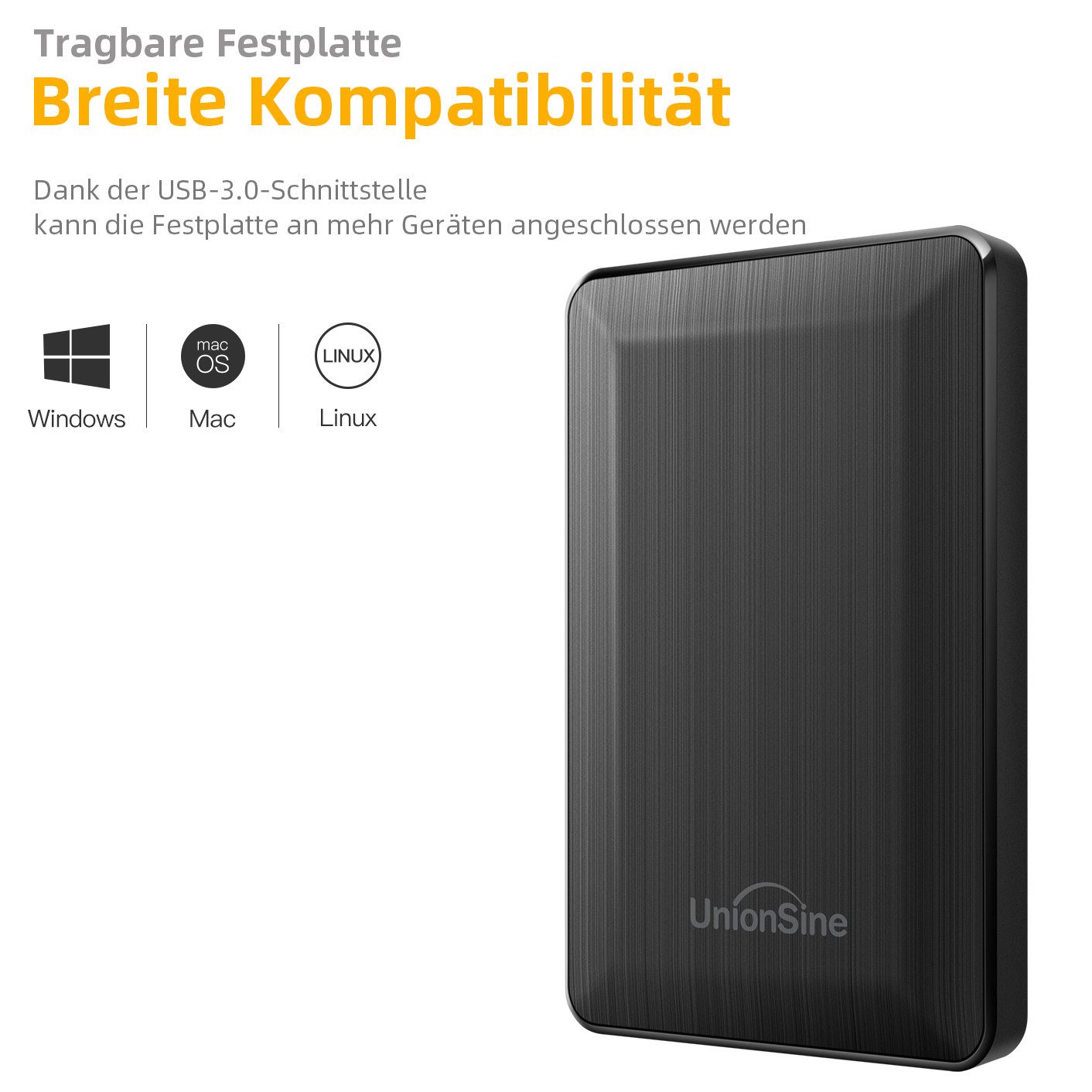 UnionSine USB 3.0 Externe Festplatte HD2513 500GB 2,5" HDD PC Laptop Speicher externe HDD-Festplatte (500GB) 2,5" 125 MB/S Lesegeschwindigkeit, 103 MB/S Schreibgeschwindigkeit, für PC, Laptop, PS4, PS5, Xbox - kompatibel mit Windows, Mac, Linux