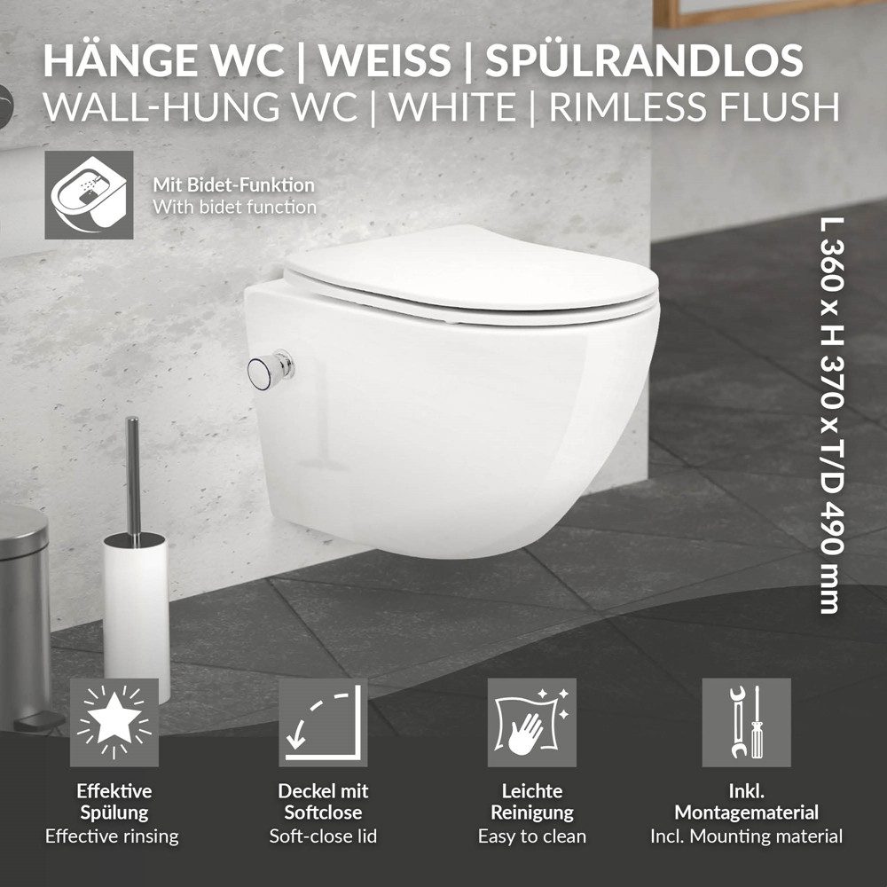 LuxeBath Tiefspül-WC Spülrandloses Hänge WC Keramik mit WC-Sitz abnehmbar Softclose, Wand-WC kurz Weiß mit Bidet Funktion Toilettensitz Duroplast
