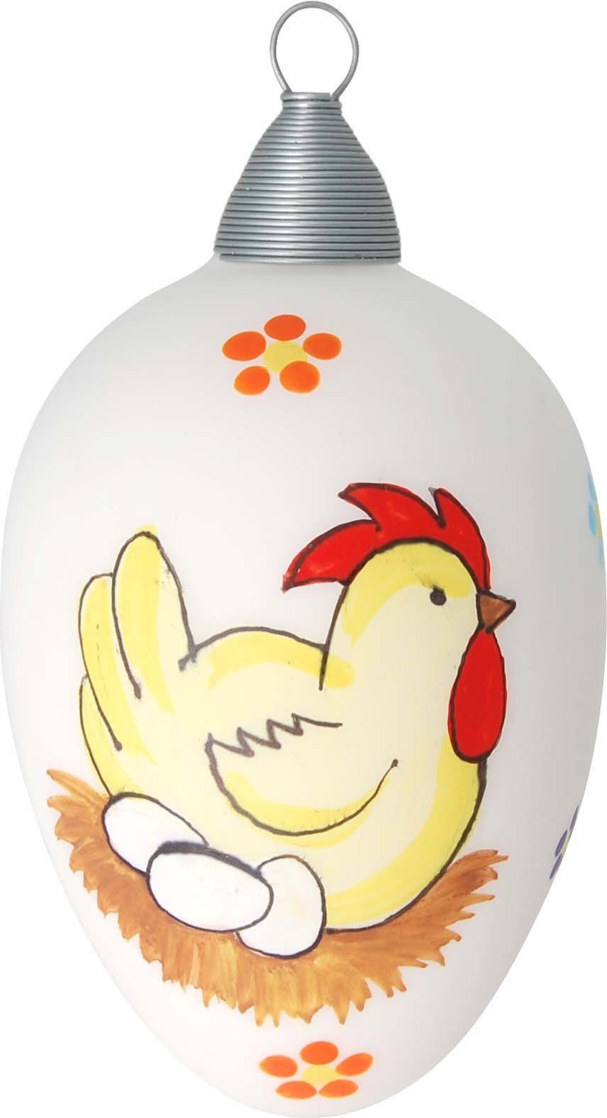 Krebs Glas Lauscha Osterei Henne mit Eiern und Küken, Osterdekoration, Frühling (Set, 5 St., 1 großes Ei: Ø 6cm/Höhe 10cm, 4 kleine Eier: Ø 4,5cm /Höhe 8cm), Mundgeblasenes und handbemaltes Glas, Made in Germany