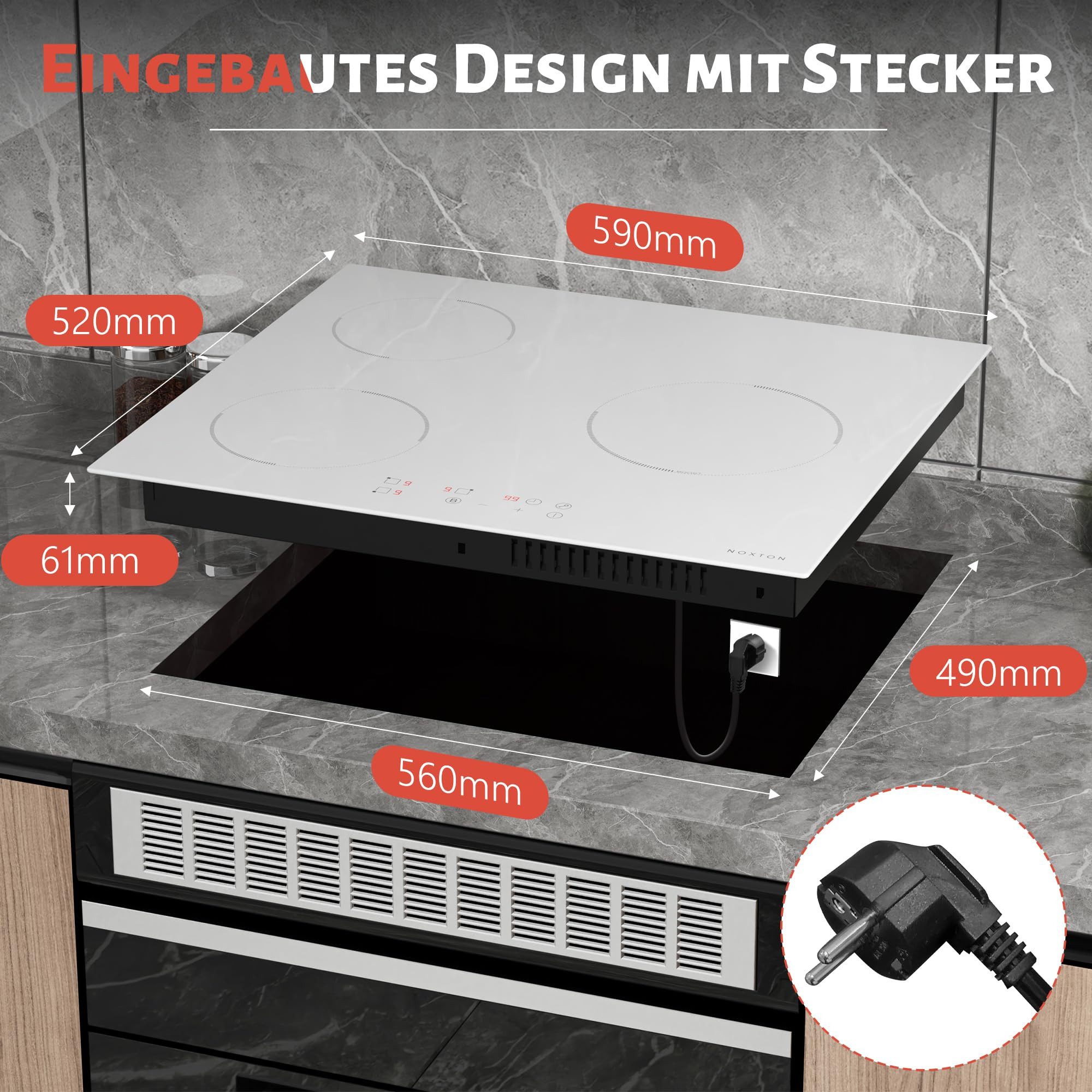 NOXTON Induktions-Kochfeld Induktionskochfeld 3 Platten Weiss, Kochfeld Einbau 59CM, Boost, Sicherheitssperre, 99-Minuten-Timer, 16A, 220-240V – Bild 3 von 5