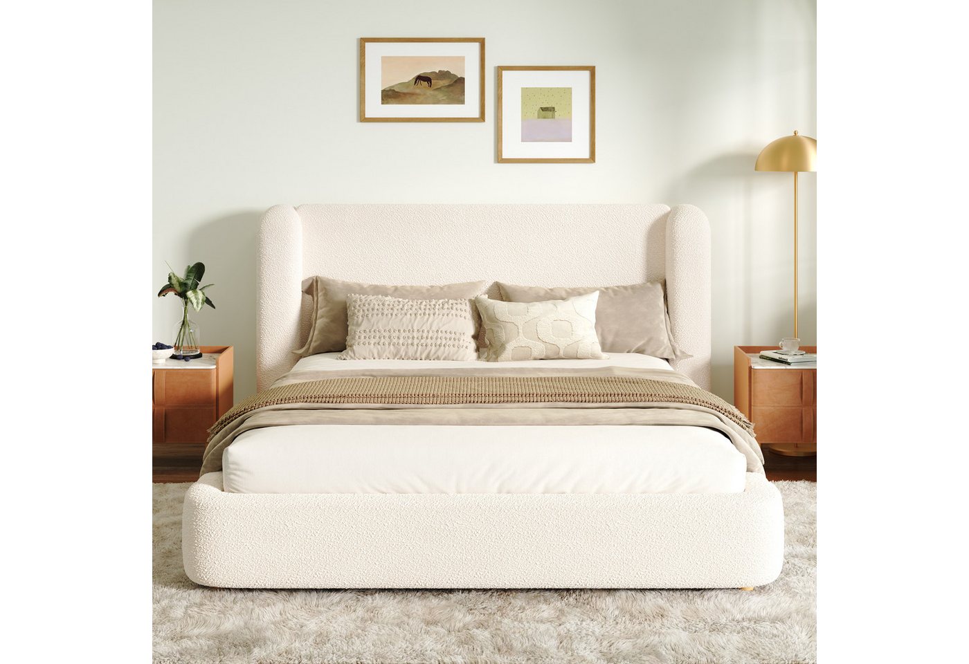 i@home Polsterbett Doppelbett 160 x 200 cm (Doppelbett mit gepolstertem Kopfteil), hydraulischem Stauraum & Lattenrost, Beige