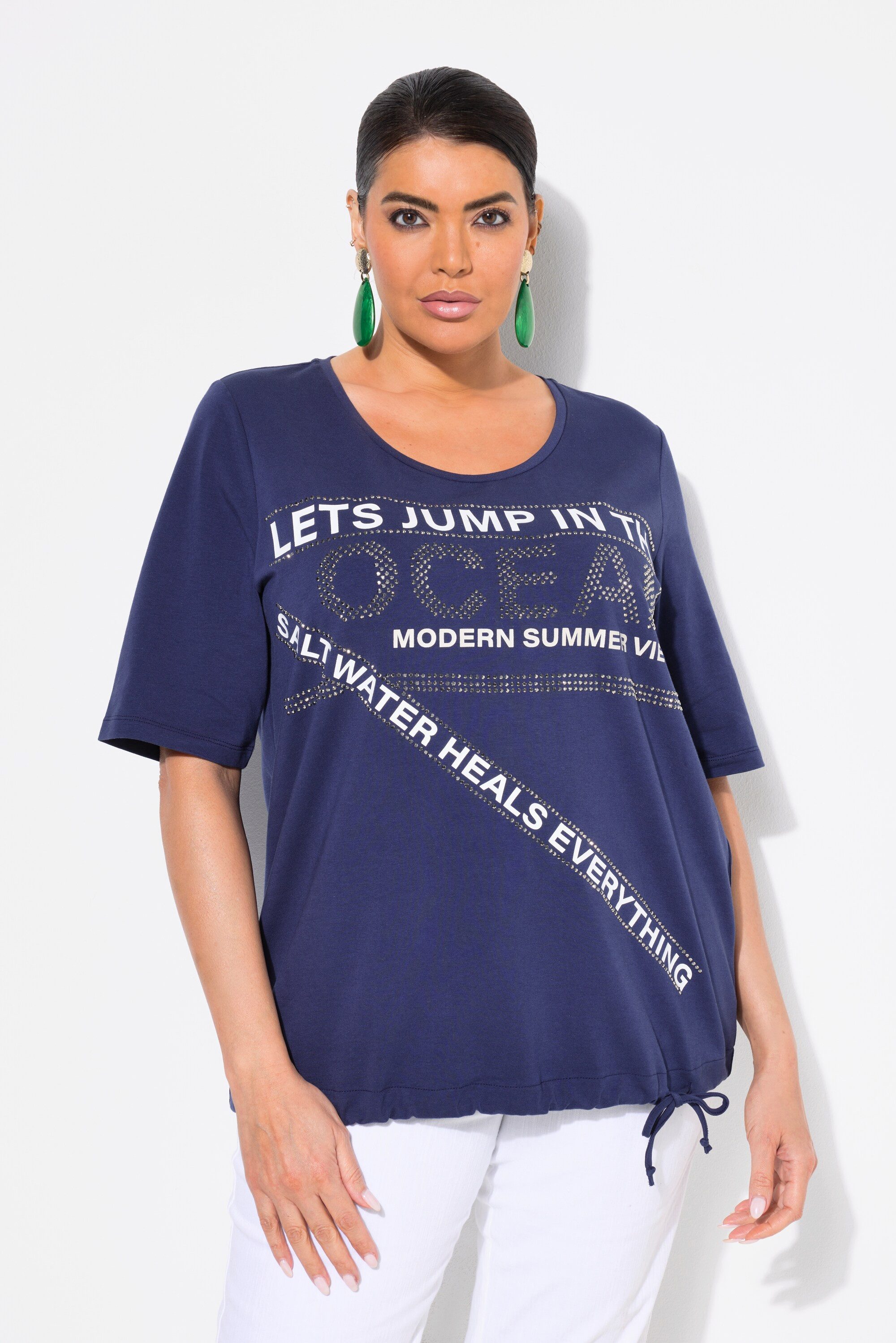Ulla Popken T-Shirt T-Shirt Schriftmotiv Rundhals Halbarm Saumband günstig online kaufen