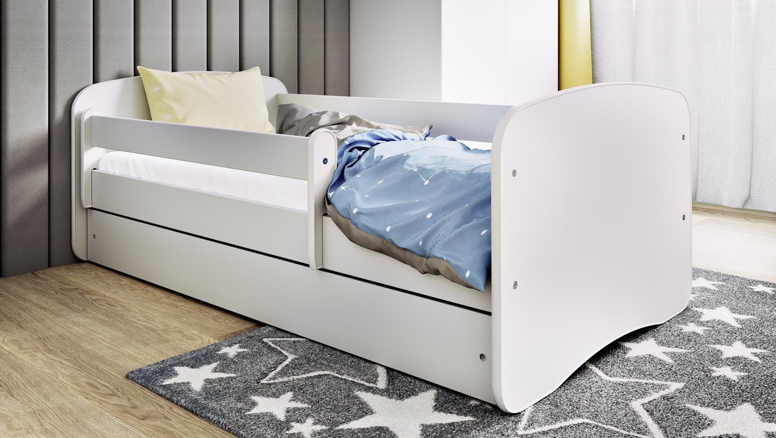 Beautysofa Jugendbett PAUL (Jugendbett mit Bett, Weiß Kanten, Aufkleber Schublade, Matratze, Abgerundete 140, Kinderzimmer 160, mit mit cm, Komplettbett), 180