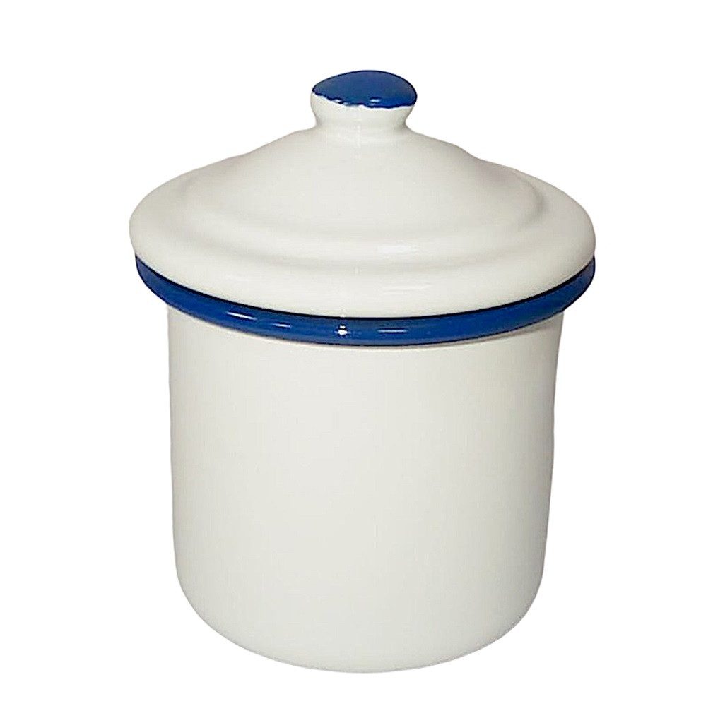 Linoows Milch- und Zuckerset Emaille Zuckerdose, Vorratsdose mit Deckel 8x12 cm, 4 Personen, Emaille, Deckeldose weiß mit blauem Rand