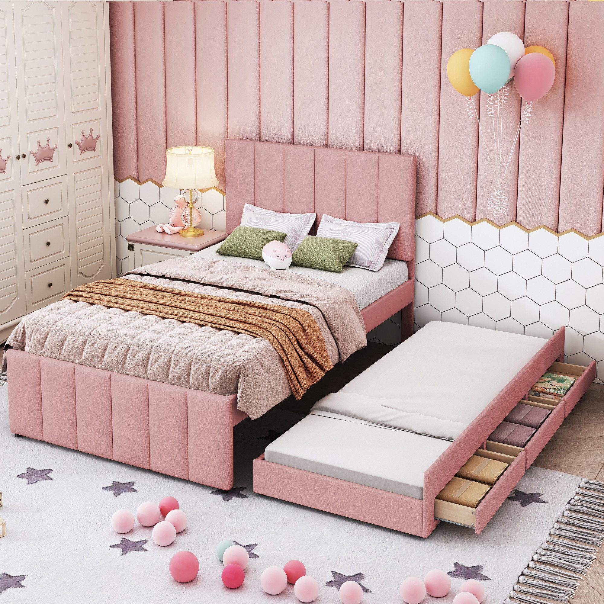 Flieks Polsterbett, Einzelbett 90x200cm mit 3 Schubladen und Ausziehbett 90 günstig online kaufen