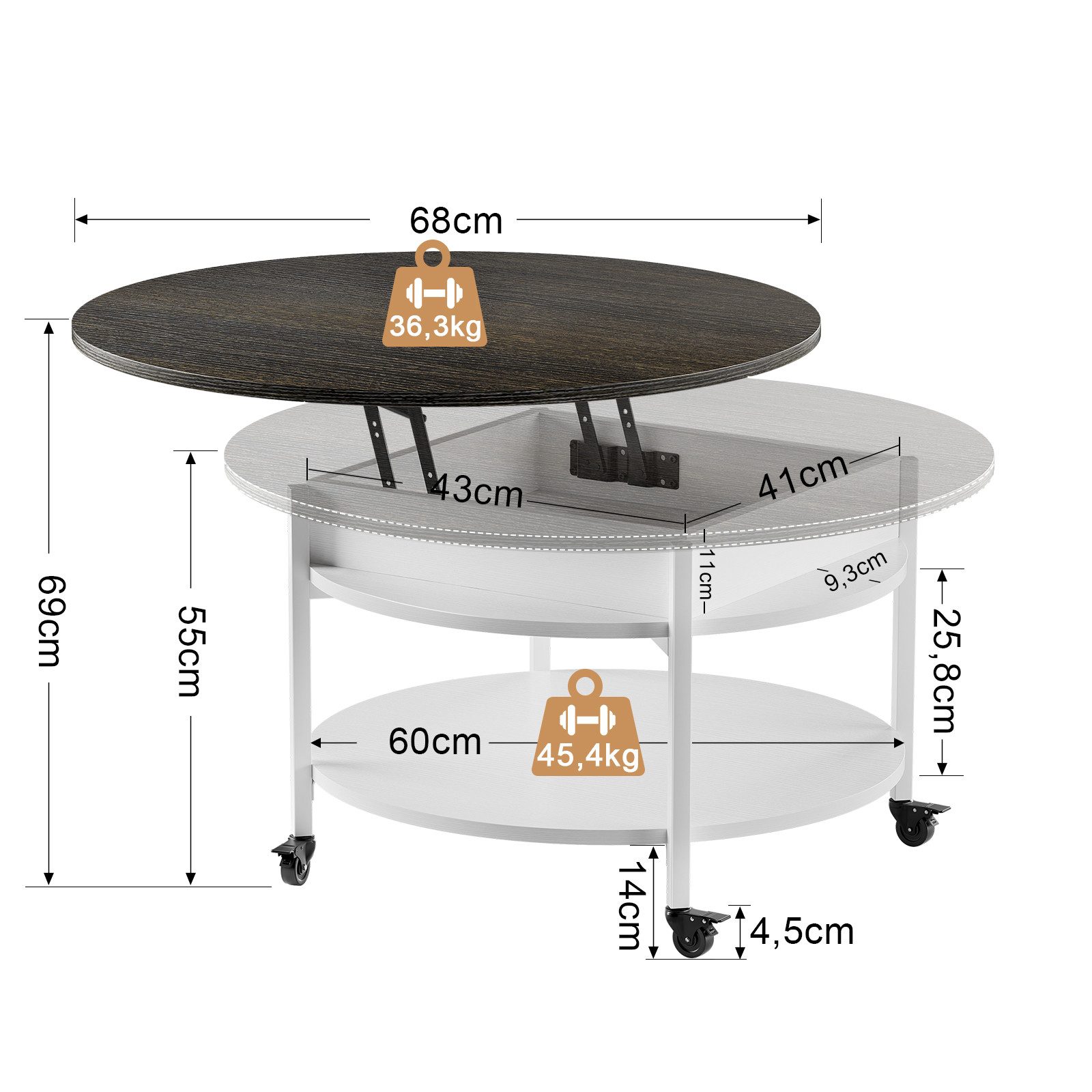 FABATO Couchtisch Runder Couchtisch mit Höhenverstellung, Rädern und Staufach (1-St), ideal für Wohnzimmer, in Weiß