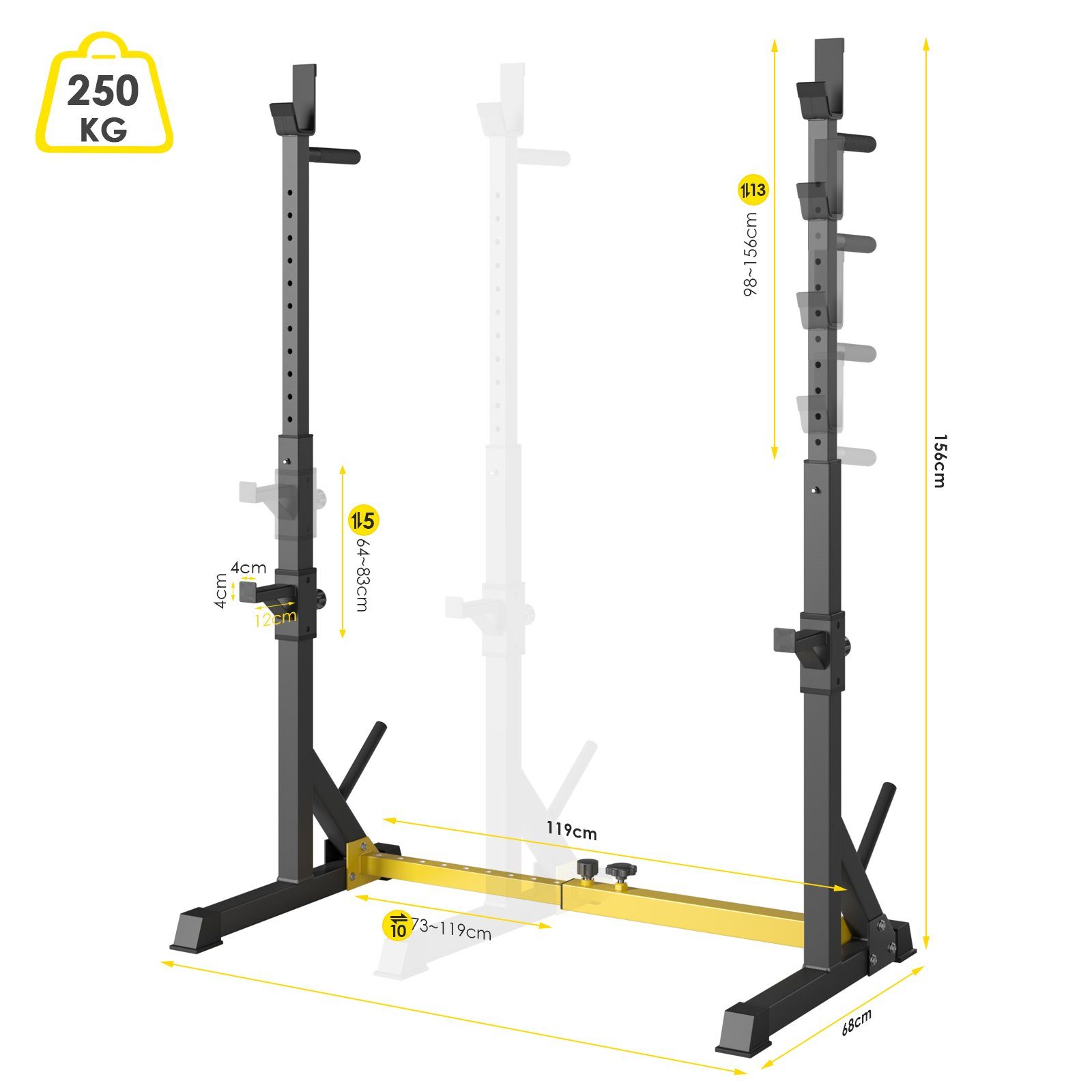 Femor Hantelbank, Squat Rack, Langhantelablage 200kg verstellbar bis