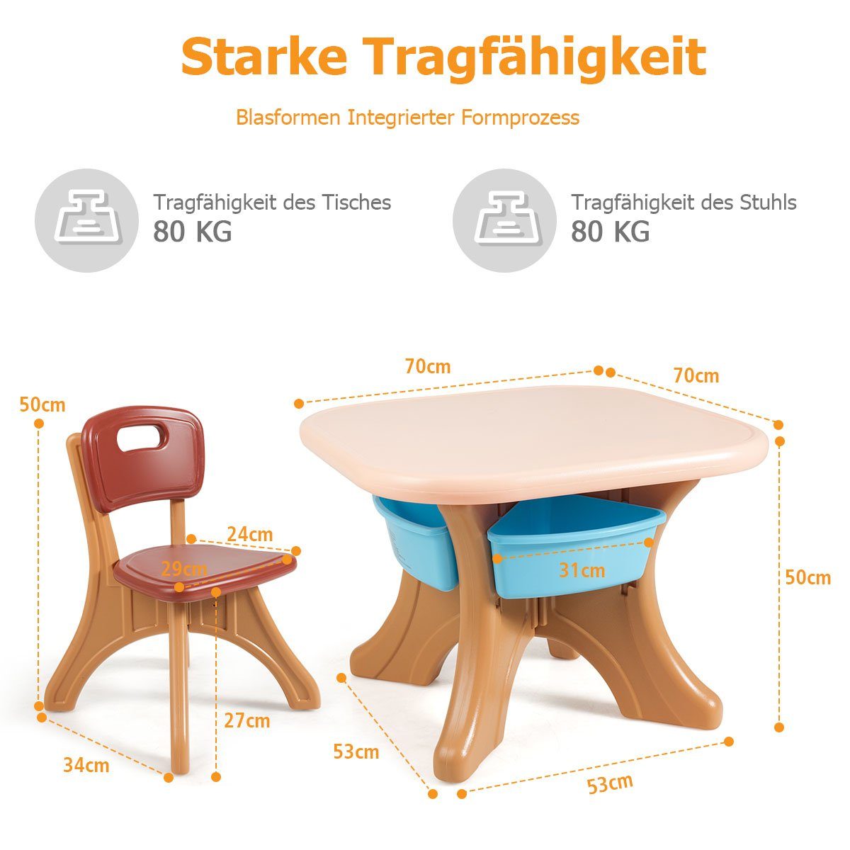 mit Stühlen&Kindertisch, COSTWAY Braun Stauraum, 2 Kindersitzgruppe, Kunststoff mit