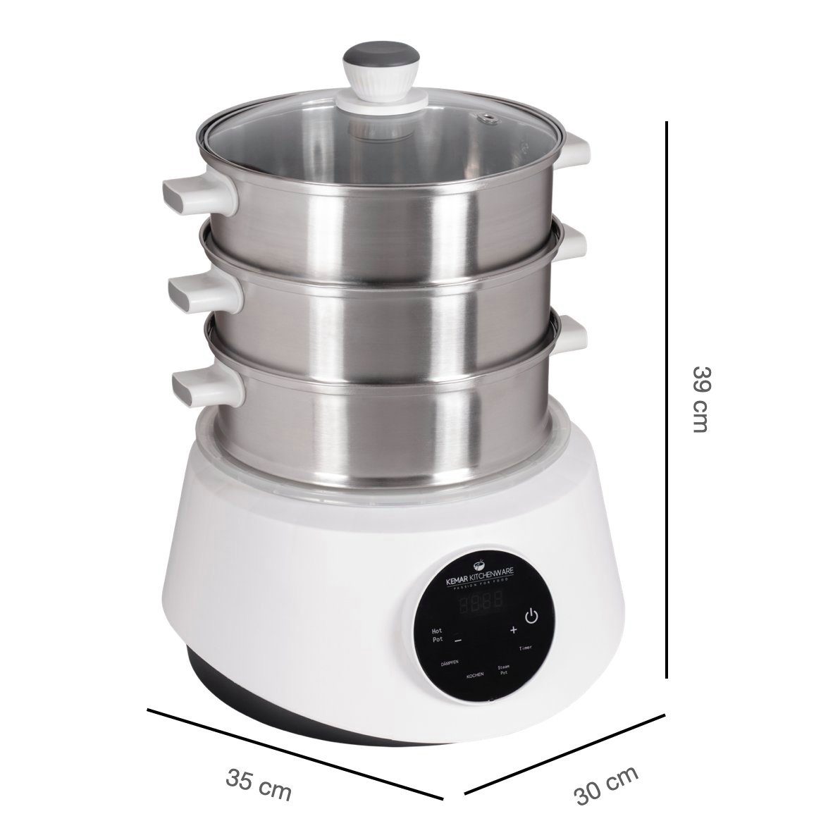 KeMar Kitchenware 4-in-1-Dampfgarer KFS-3000, 1200,00 W, Wassertank aus Edelstahl Dämpfkörbe aus Edelstahl, Glasdeckel