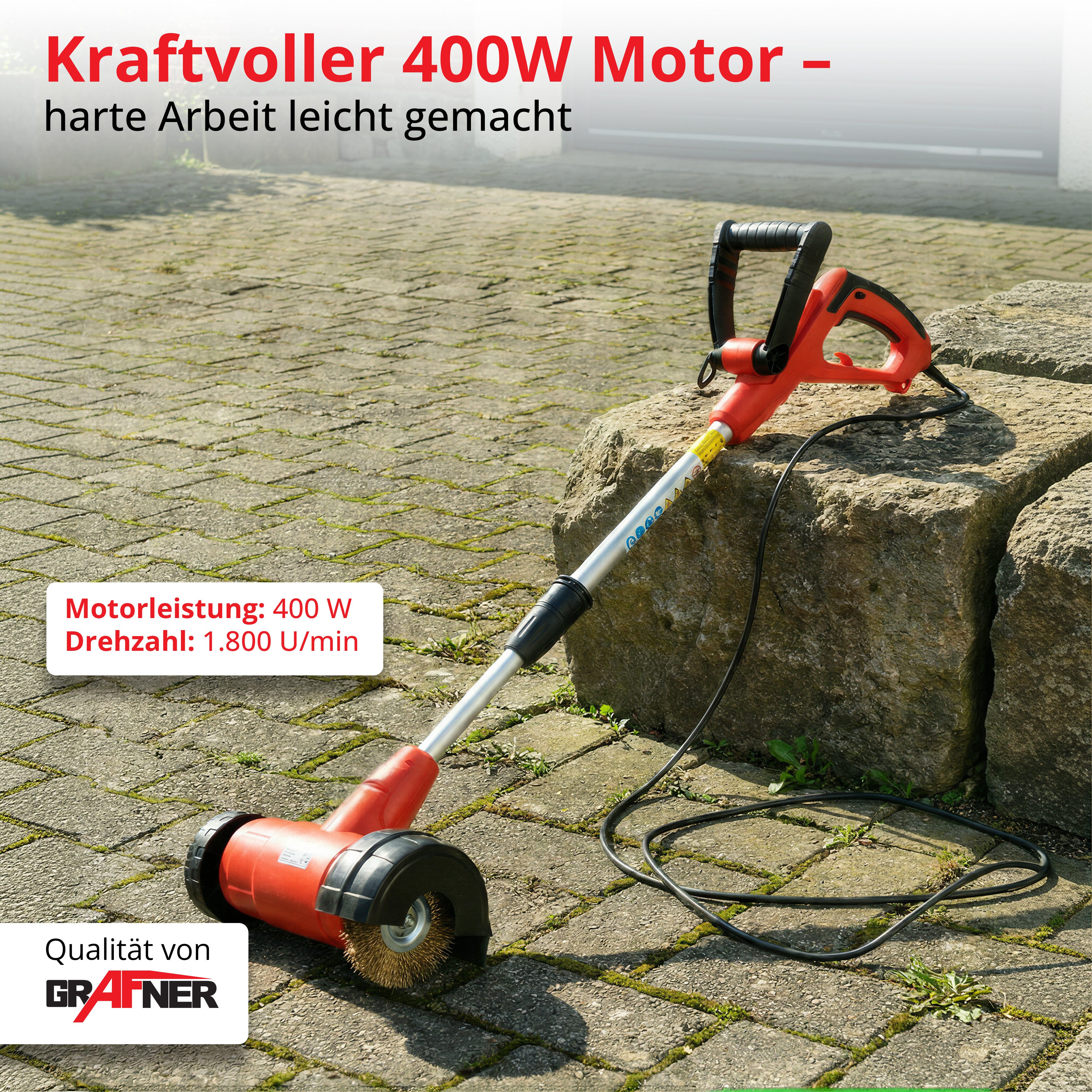 Grafner Elektro-Fugenbürste Unkrautfugenbürste elektrisch inkl. 2 Fugenbürsten 400W Fugenreiniger, 110,00 cm Bürstendurchmesser, Stk., 1, incl. 2x Bürsten, 400 Watt, 1800 U/min, Teleskopstiel 89-115 cm