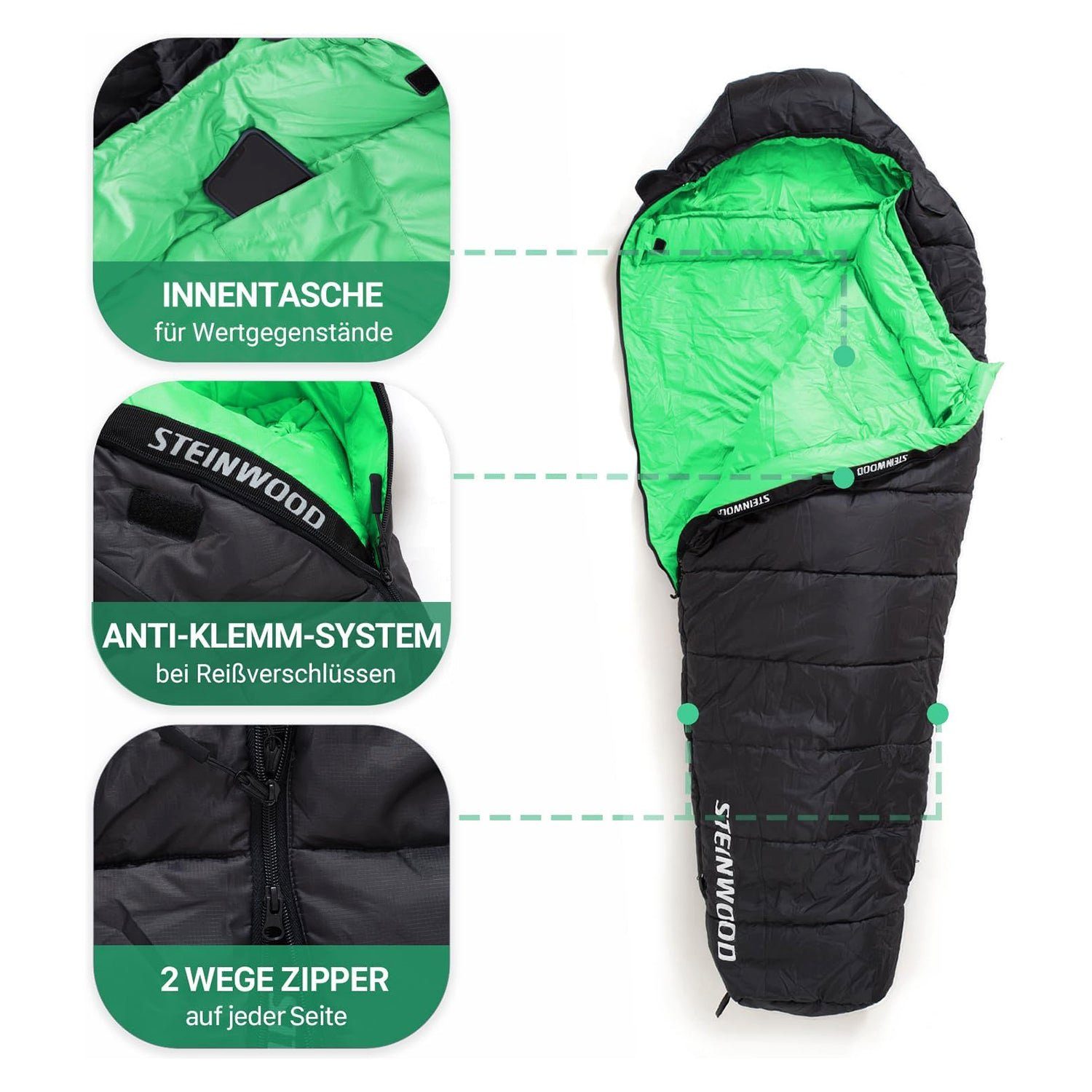 Steinwood Mumienschlafsack koppelbar extra breit 3-4 Season 210cm - Outdoor-Schlafsack, Mumien-S…