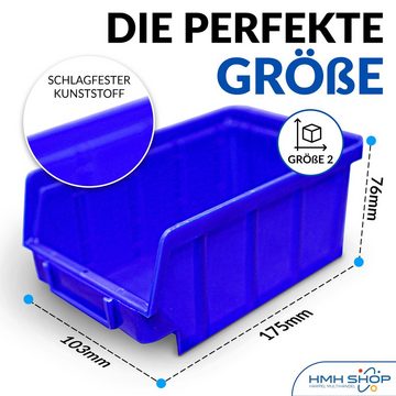 HMH Stapelbox 40 / 80 blaue Stapelboxen Gr. 2 Sichtlagerkästen + Wandschienen, Beschriftungsfach, schlagfest, Stapelbar, Wandmontage