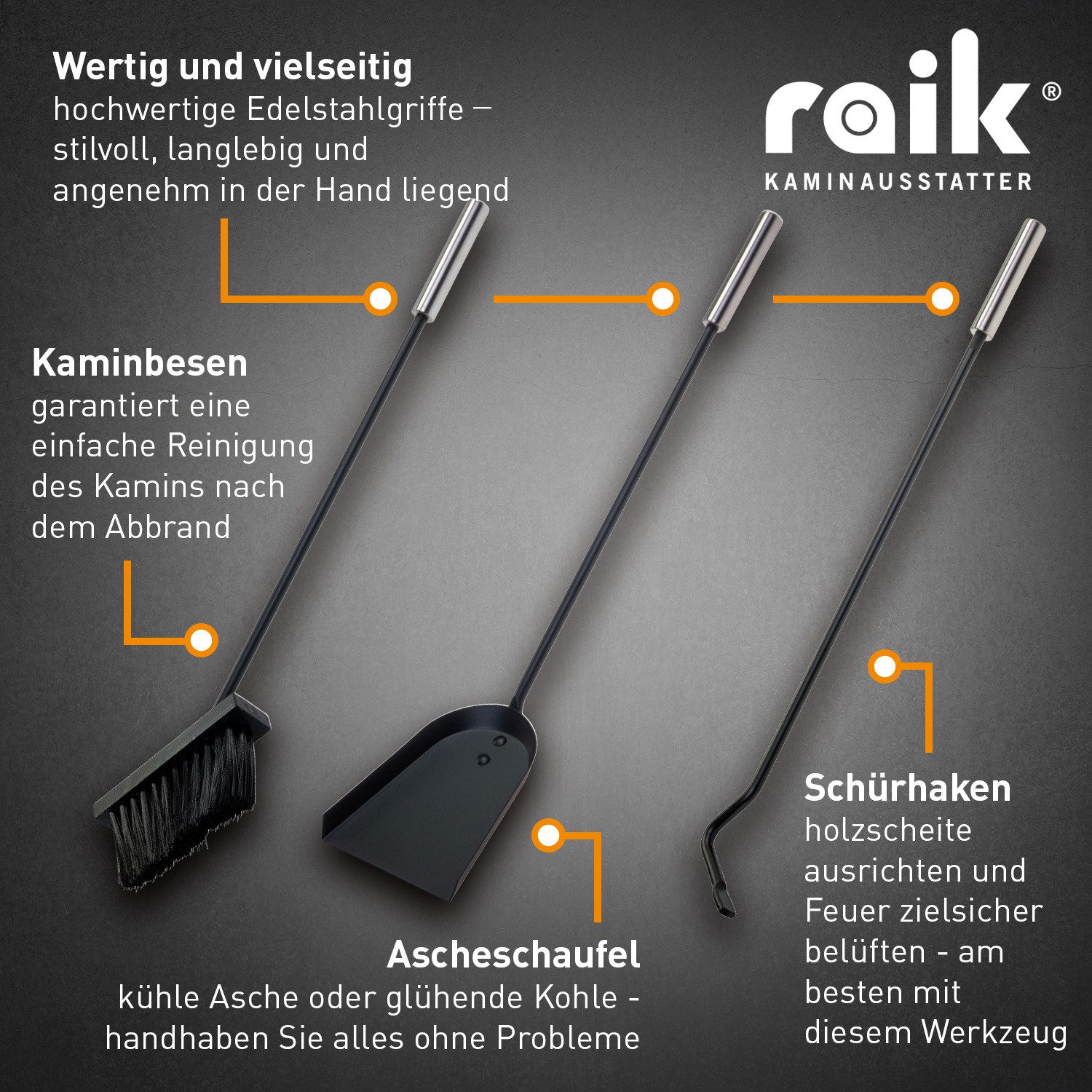 Raik Kamingarnitur Raik Kaminbesteck Ludwig Set 4-teilig Schwarz