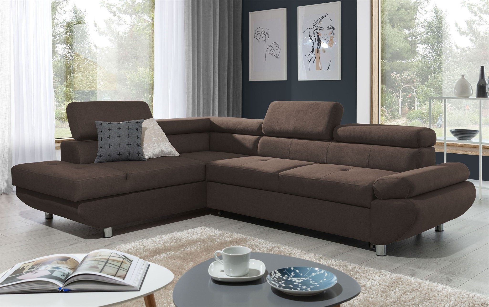 Fun Möbel Ecksofa Sofa PANOS Stoff Esito mit Schlaffunktion, Inkl. Bettkasten, Rundumbezug Braun