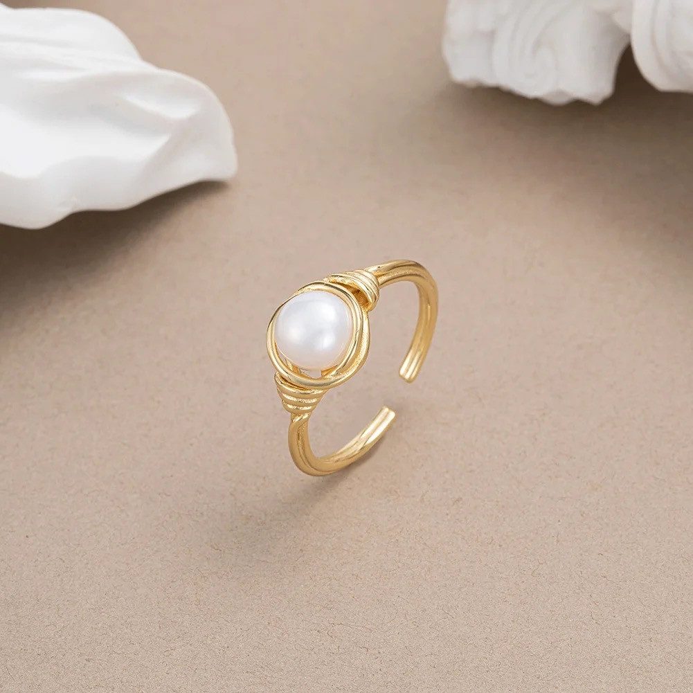 Runde Perlé Perlenring verstellbarer Ring mit großer Süßwasserperle, handgefertigte Ring, 925er Silber, 14K Gold