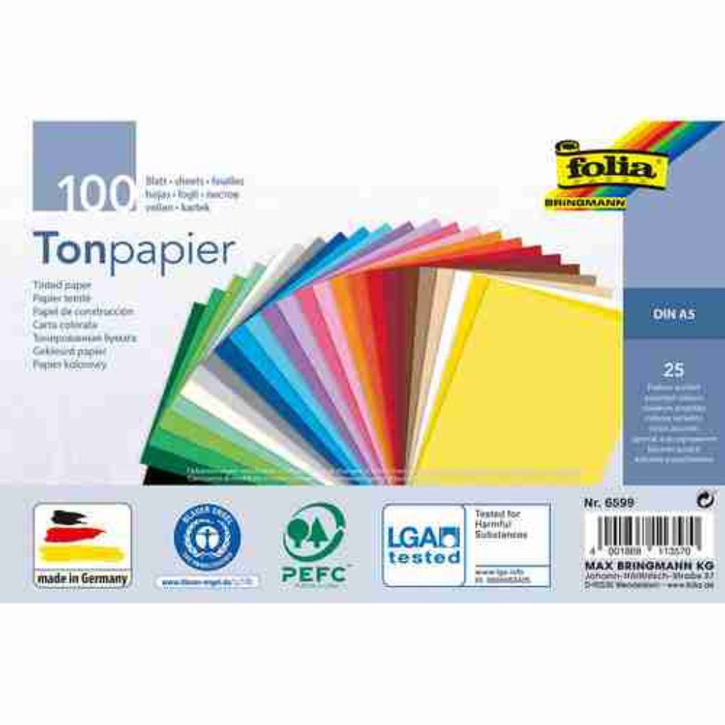 Folia Bastelkartonpapier folia Tonpapier farbsortiert 100 Blatt, 130 g/qm