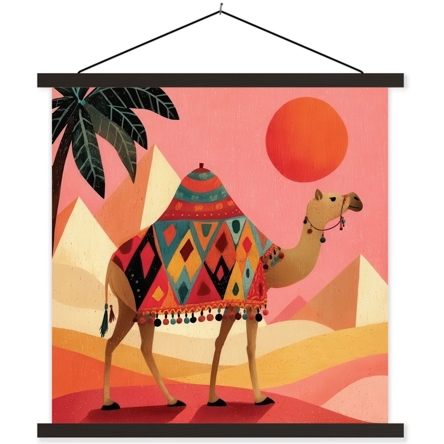 MuchoWow Poster Kamel - Pyramiden - Rote Sonne, (1 St), Magnetische Posterleiste, Holzleisten, Textilposter, 40x40 cm