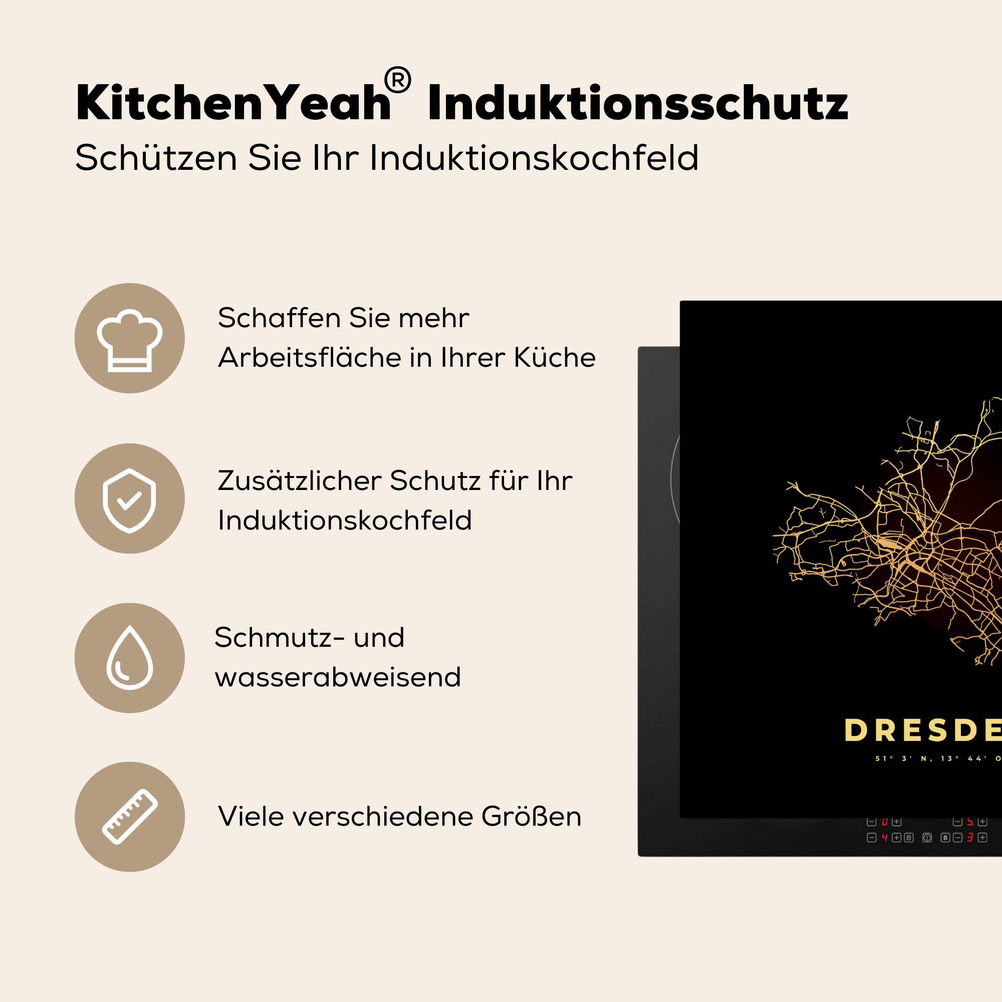 Vinyl, 78x78 Stadtplan, (1 MuchoWow Dresden - Ceranfeldabdeckung, tlg), Arbeitsplatte Herdblende-/Abdeckplatte für cm, - - küche Gold Karte