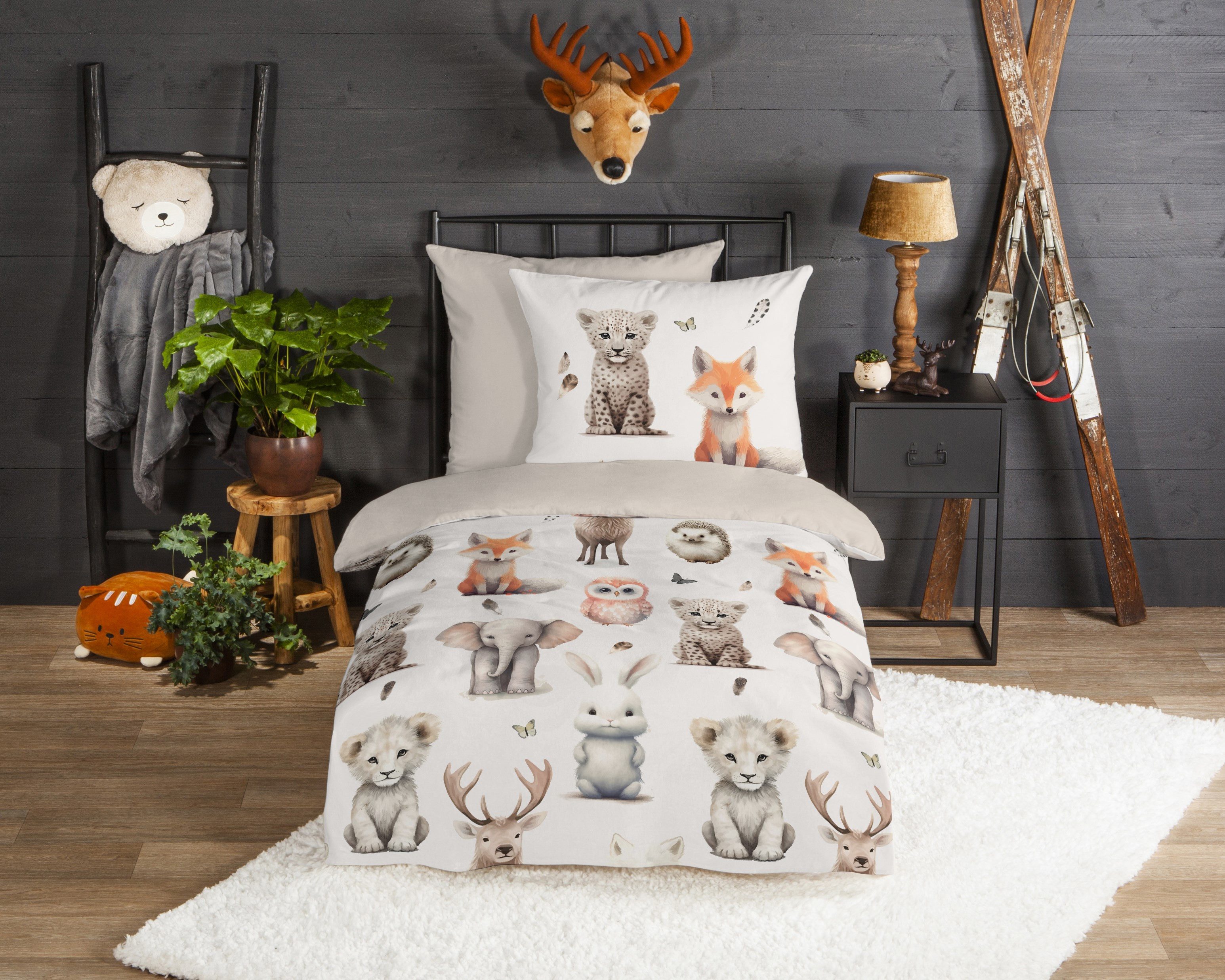 good morning Kinderbettwäsche Svenmu, Biber, Flanell, 2 teilig, Flanell Biber, 135x200, Warm, Reißverschluss, Wende, Kind, Tier