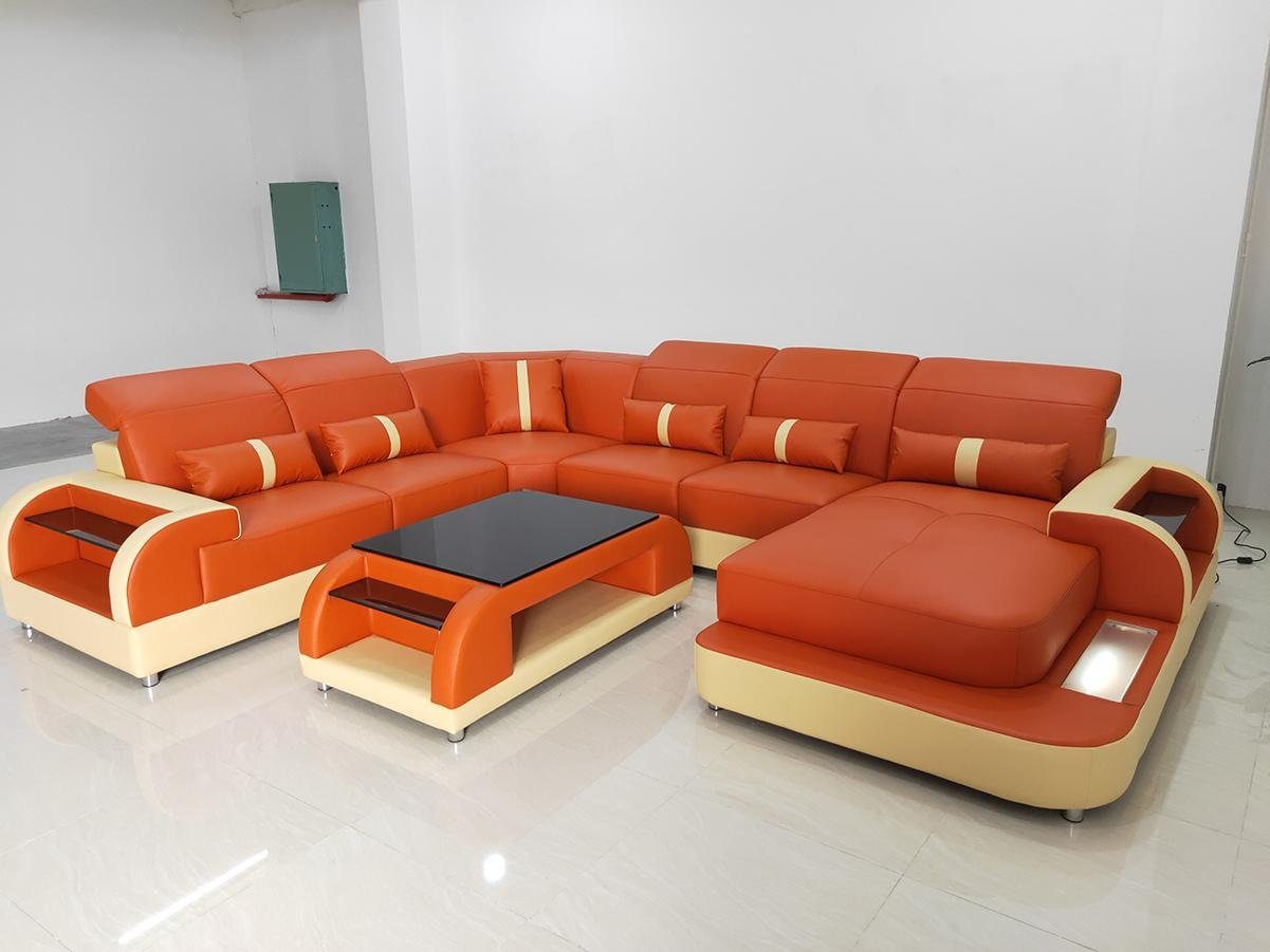 JVmoebel Wohnzimmer-Set, Wohnlandschaft Couch Polster Sofa Garnitur 3tlg. Set Couchtisch Orange/Weiß