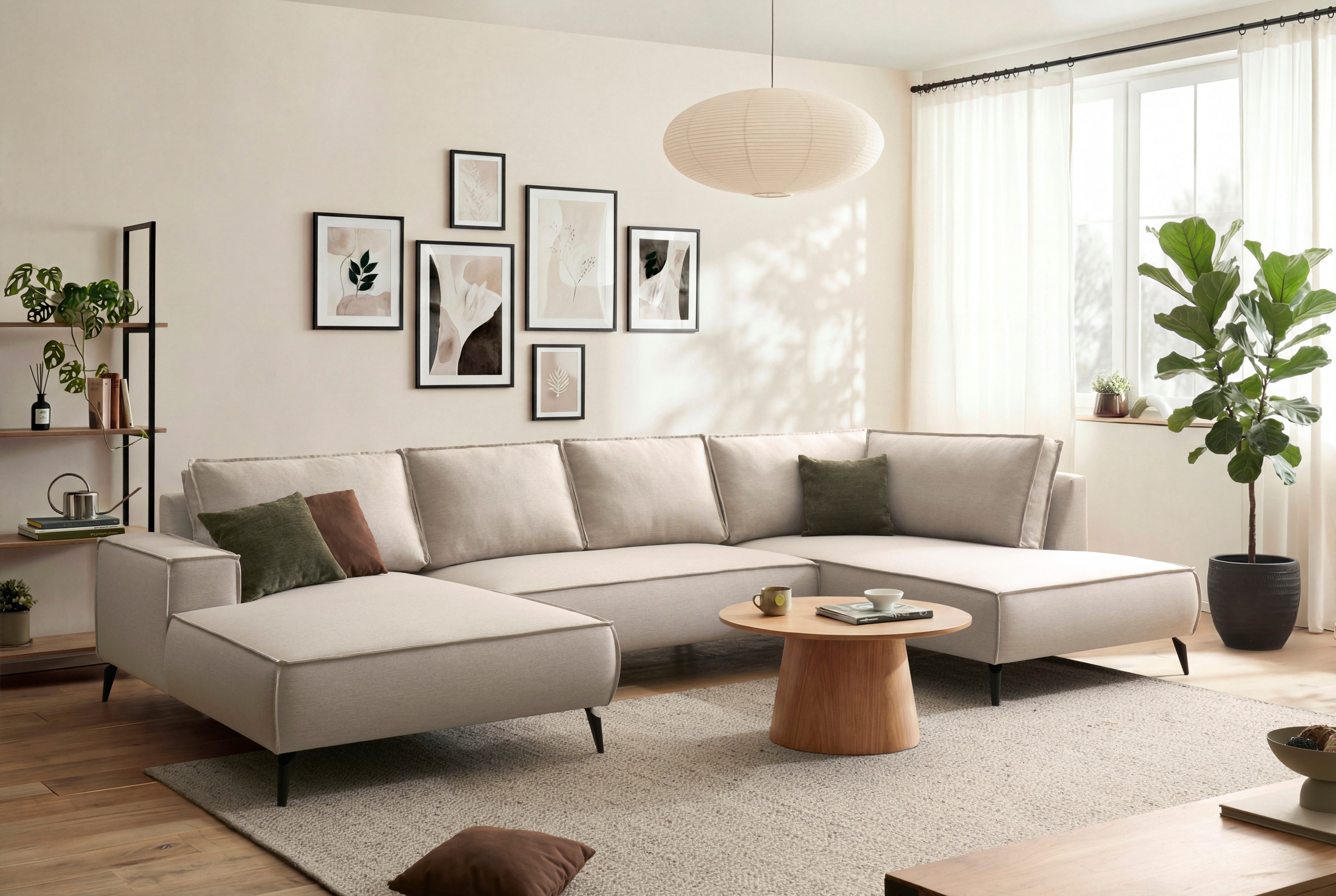 Home affaire Wohnlandschaft Tvinnu, moderne U-Form, Couch in Cord oder Webstoff in Leinenoptik, Recamiere rechts/links, schwarze Metallfüße, bequeme Sitz-/Liegefläche