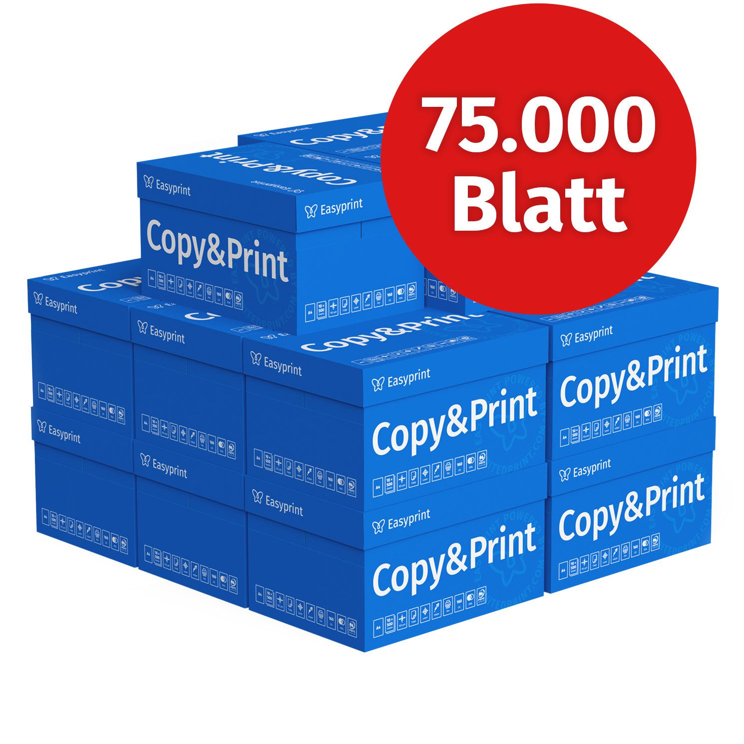 Easyprint Druckerpapier Kopierpapier 75000 Blatt A4 Premium Hochweiß CIE 160 Testsieger PEFC