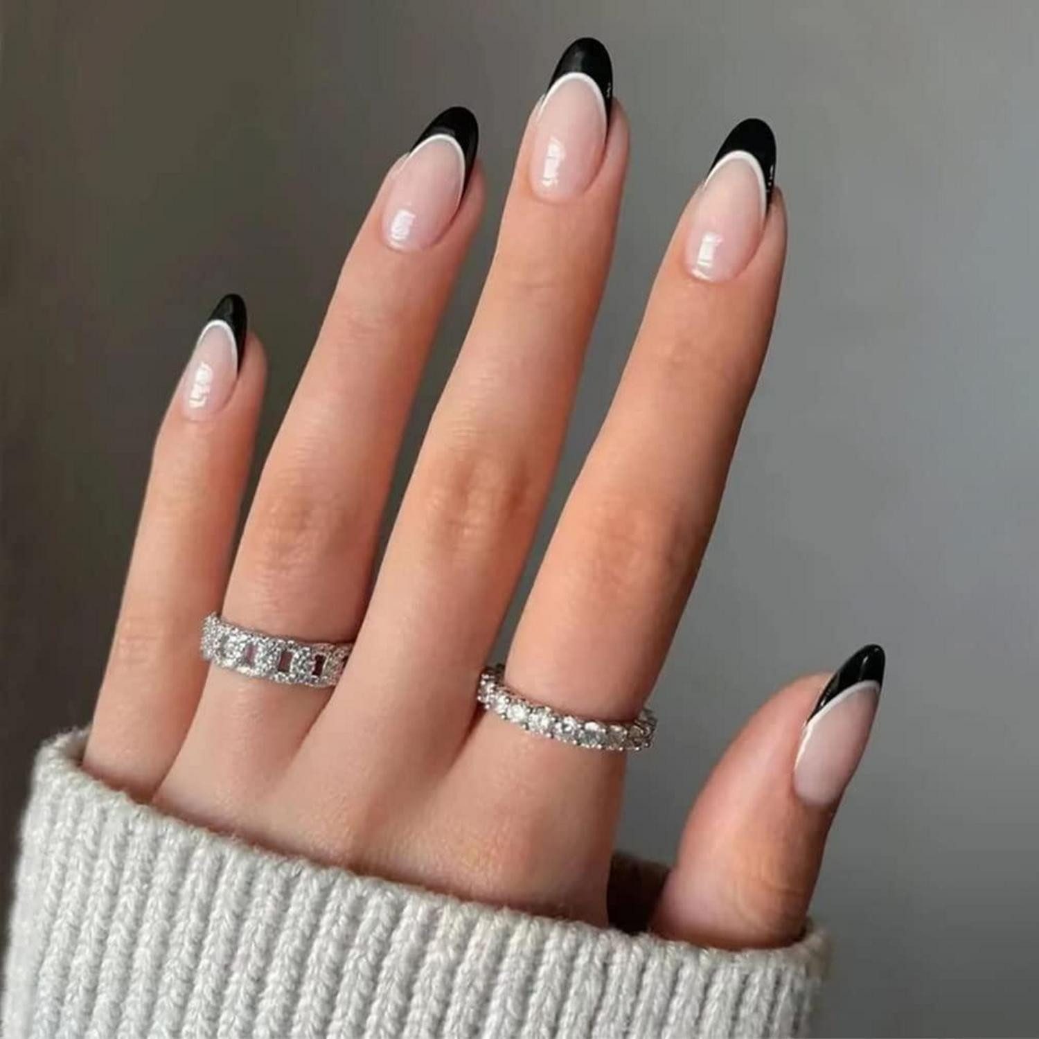 LuxusKollektion Kunstfingernägel Falsche Nägel Acryl Mandel Swirl Press On 24er Schwarz Französisch
